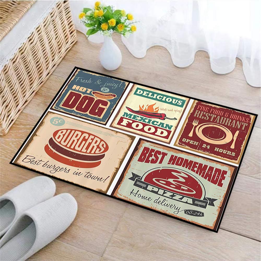 Bath Mat Non-slip Bath Rug,1950S Set,Nostalgic Tin Signs and Retro Mexican Food Prints Aged Advirtising Logo Style Artistic Machine washable Memory Foam Soft Mat for Kitchen Livingroom Bedroom,45x75cm