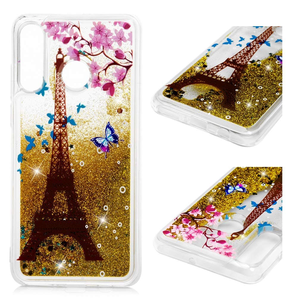 Huawei P30 Lite Case, Clear Liquid Glitter Case Bling Shiny Sparkle Flowing Moving Hearts Cover Crystal Slim Fit Protective TPU Bumper Shockproof Skin for Huawei P30 Lite Butterfly Love Flower Tower