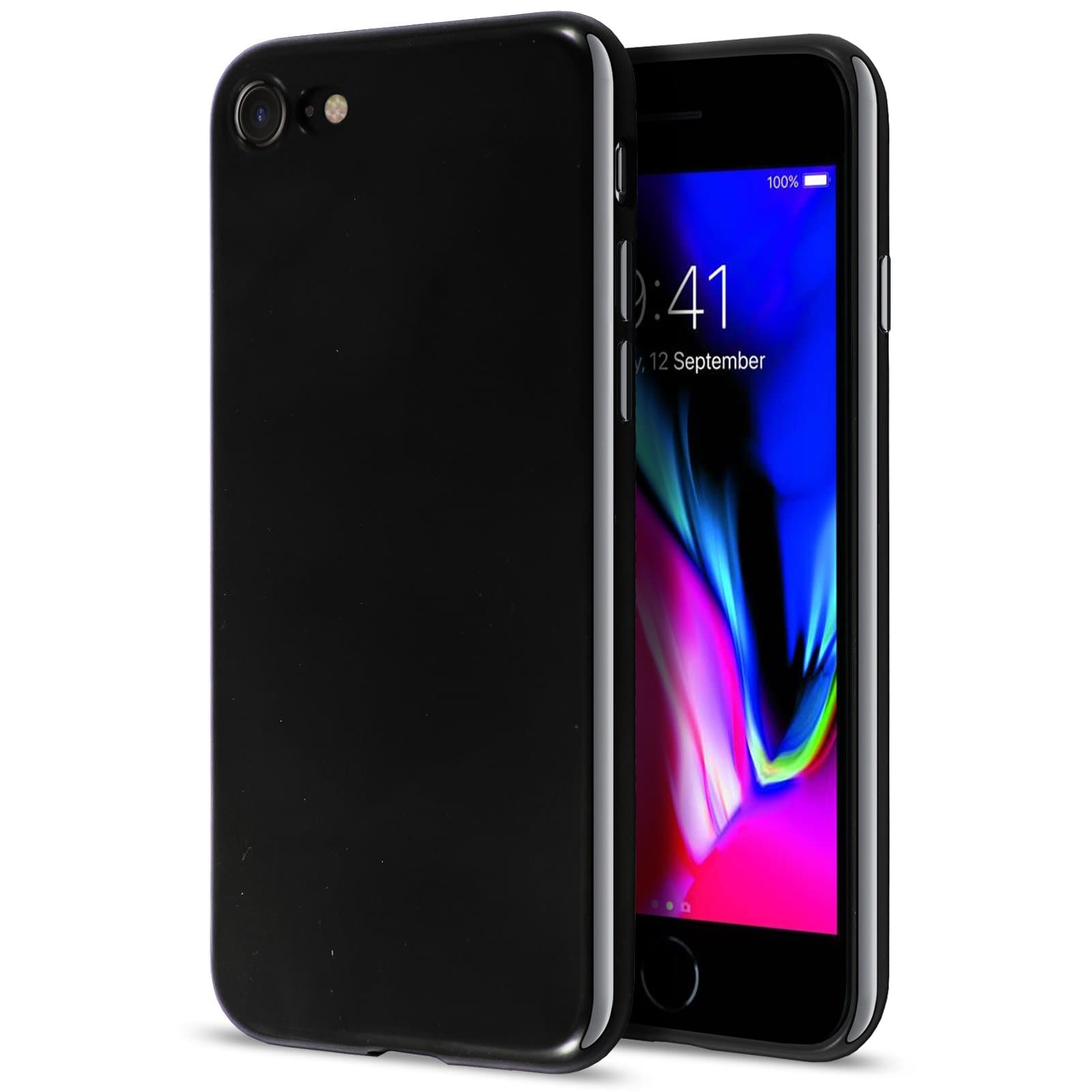 CaseTek iPhone 8 Black Case, Gloss Jet Black Silicone Case and Screen Protector for iPhone 8 and iPhone 7 Cover [Black][4.7"], TM