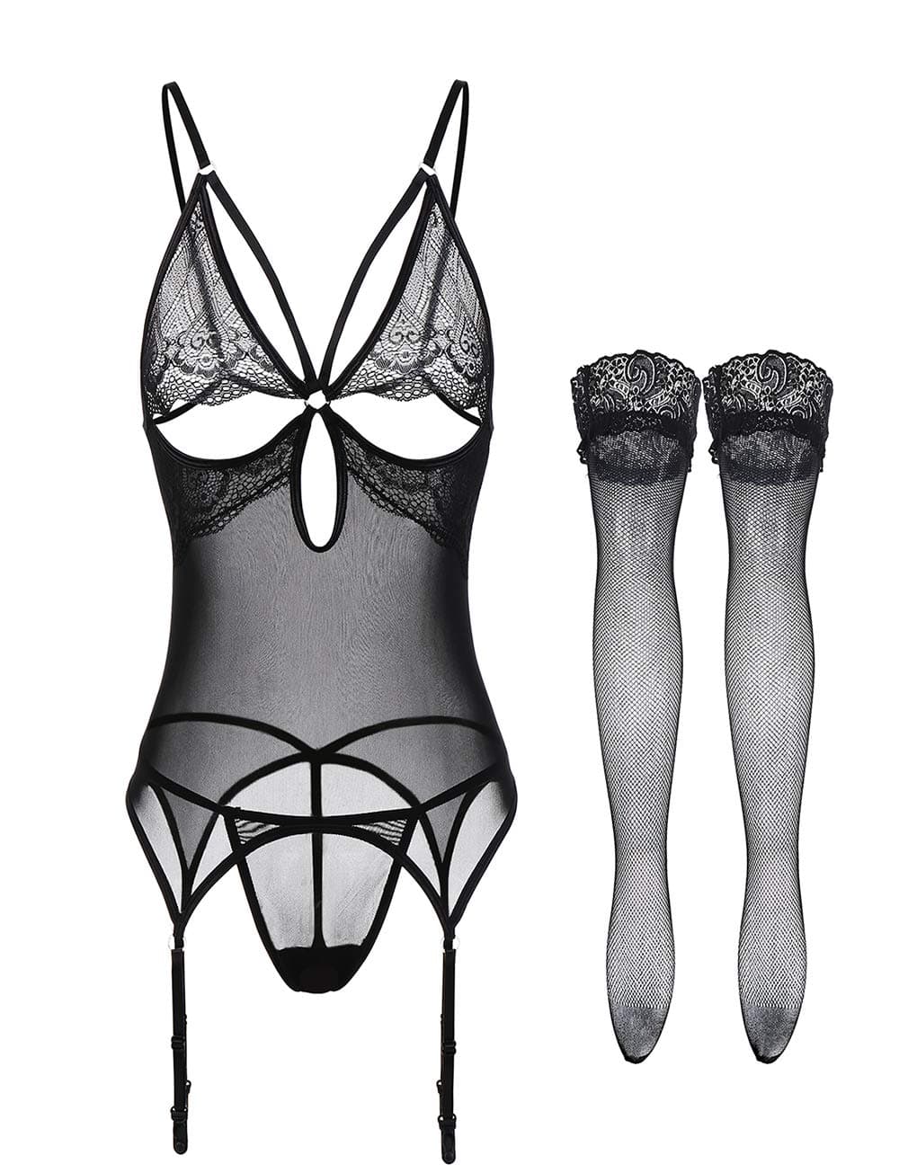 Womens Open Back Halter Teddy 2 pcs Lace & Fishnet Halter Busiter Matching Thong