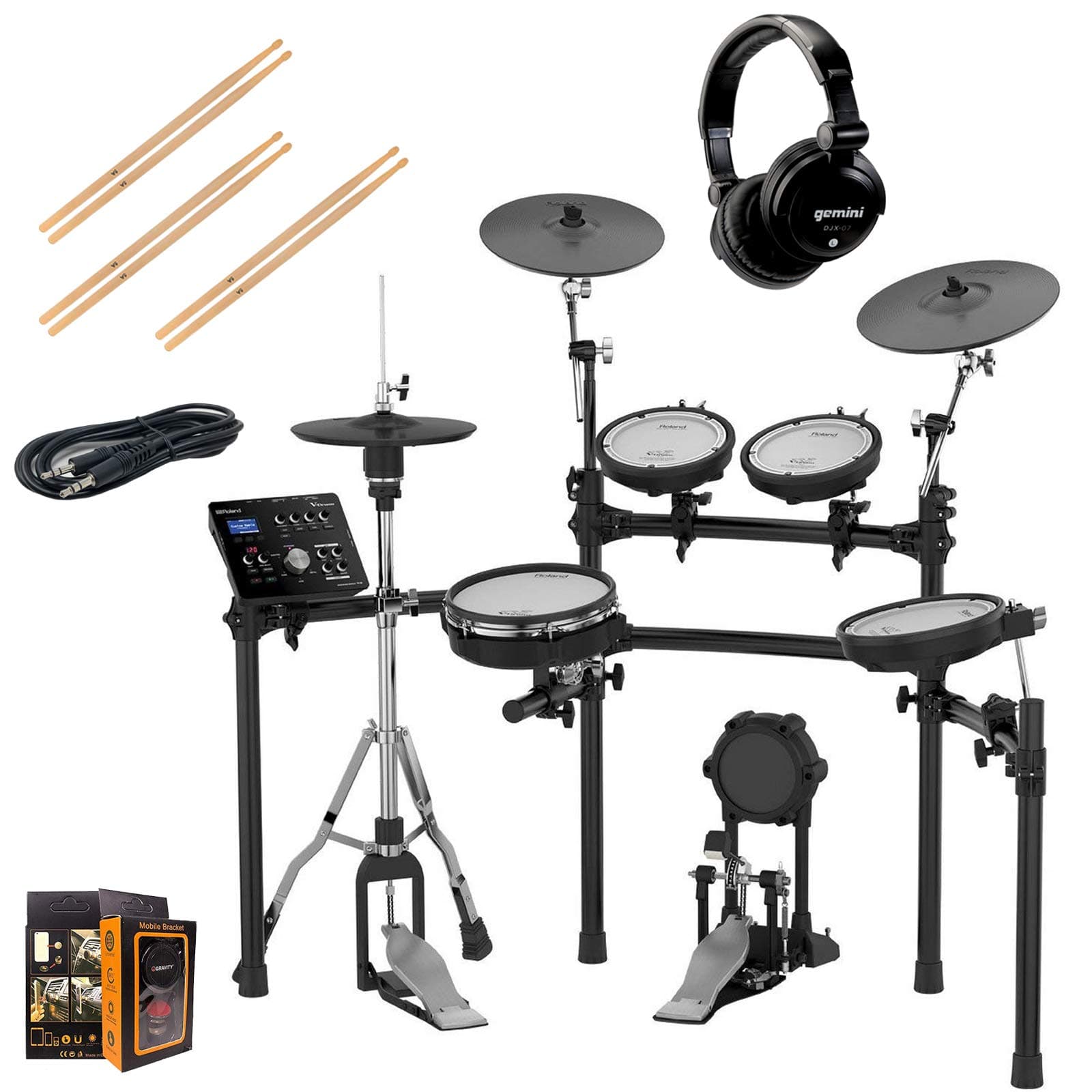 Roland PK TD-25K-S Electronic Drum Set Package with Gemini DJX-07 Headphones, 3 Pairs of Sticks, Aux Cable, and Free Mobile Holder