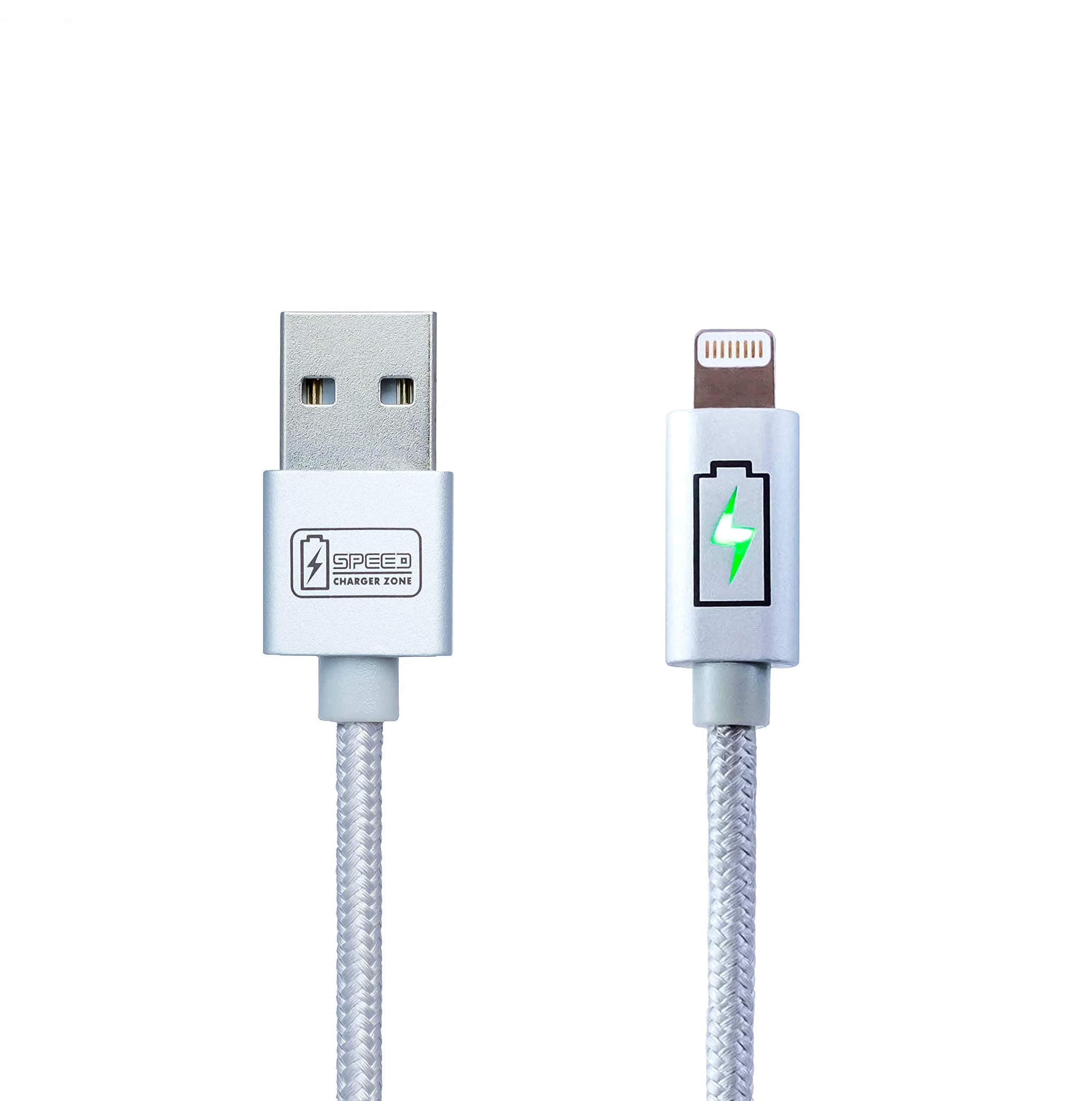 Speed Charger Zone Lightning to USB Charger Cable Silver | Smart LED Indicator, Fast Charging, Made for iPhone (MFI): 11/Pro/Pro Max, X/XS/XR/Plus, 8/Plus, 7/Plus, and More!