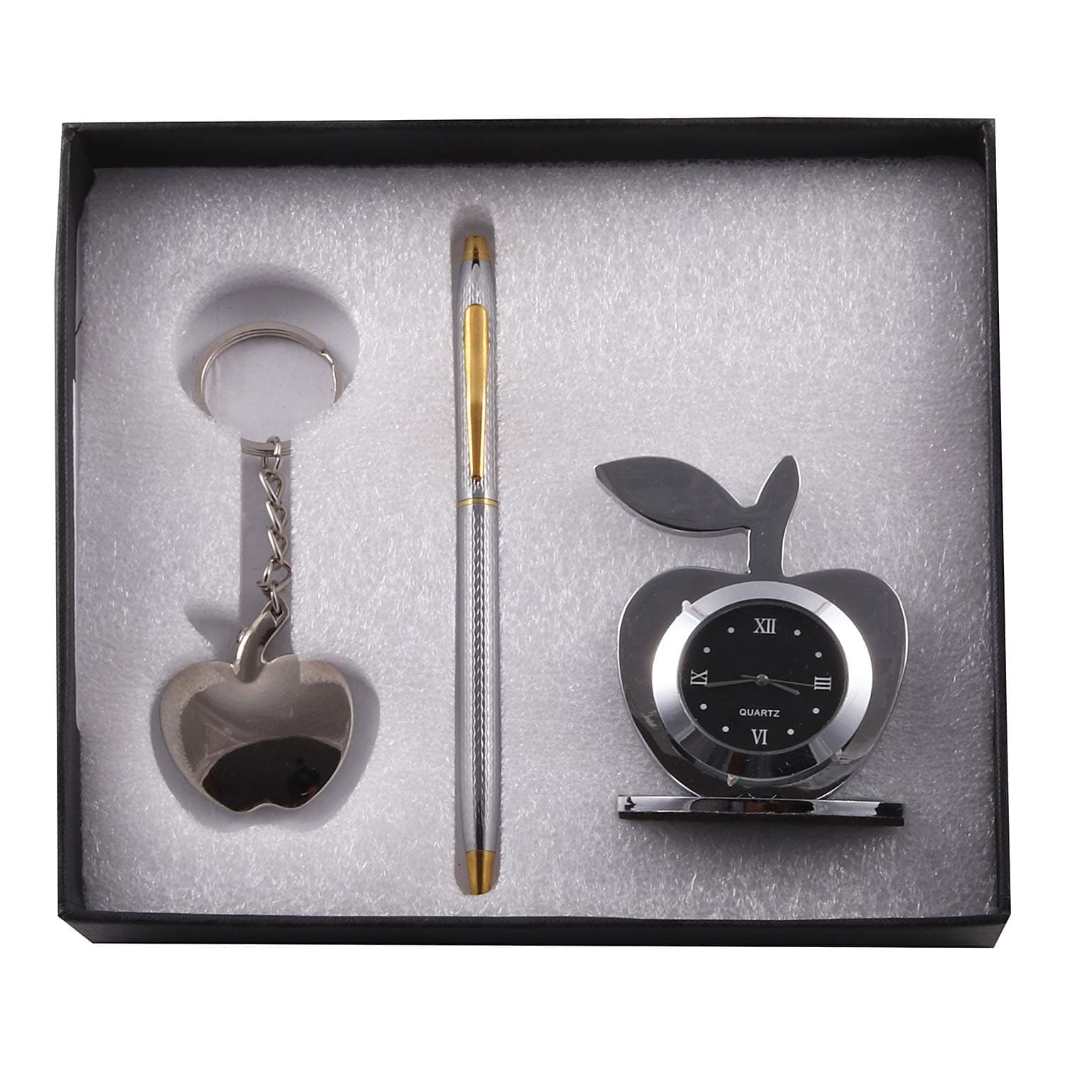 Lavanaya Silver 3 in 1 Corporate Gift Set with Apple Clock, Crystal Pen, , Apple Key Ring