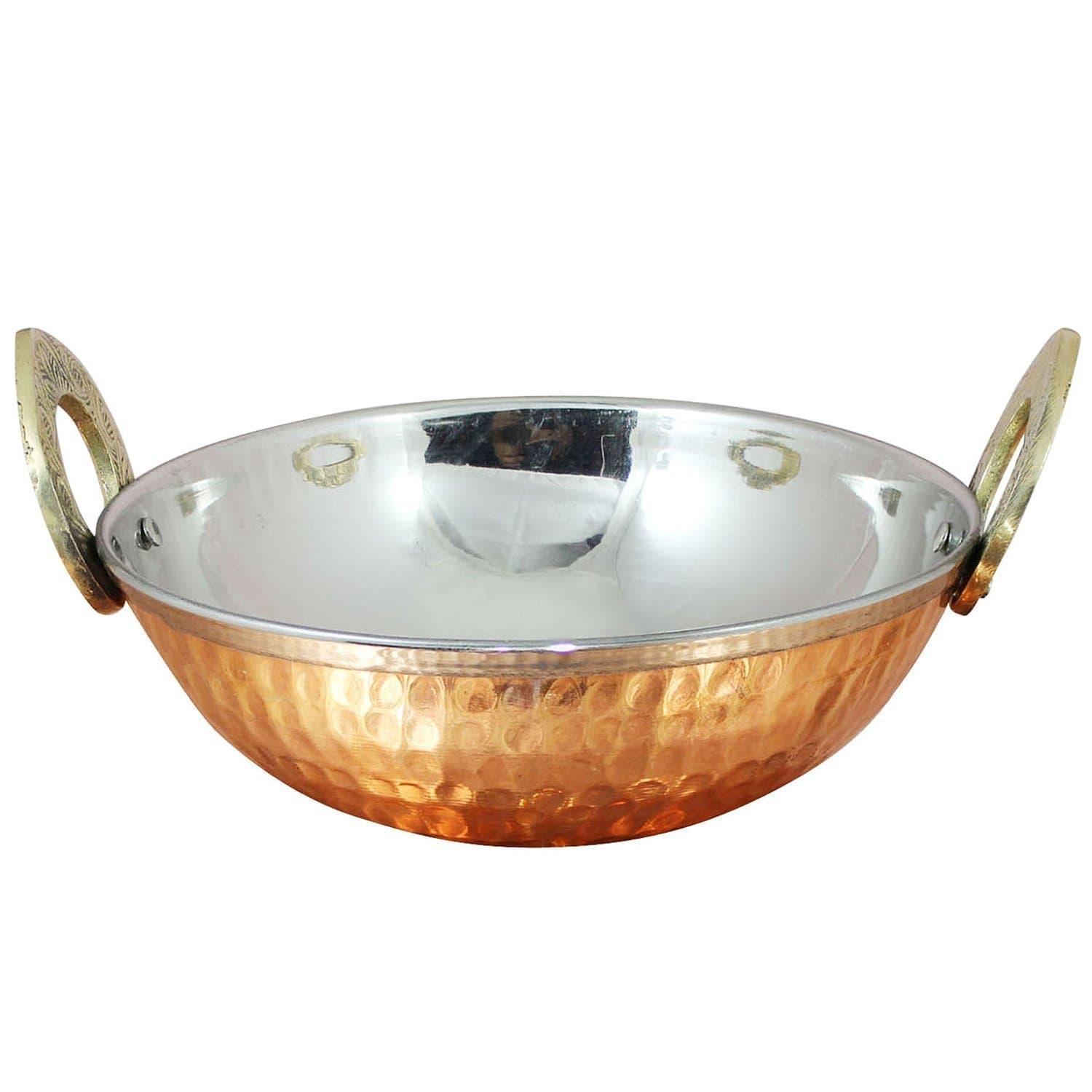 Avs Stores ® Pure Copper, Stainless Steel Bowls with Solid Brass Handle Serveware Single Karahi Pan for Indian Food,Diameter- 5 Inch