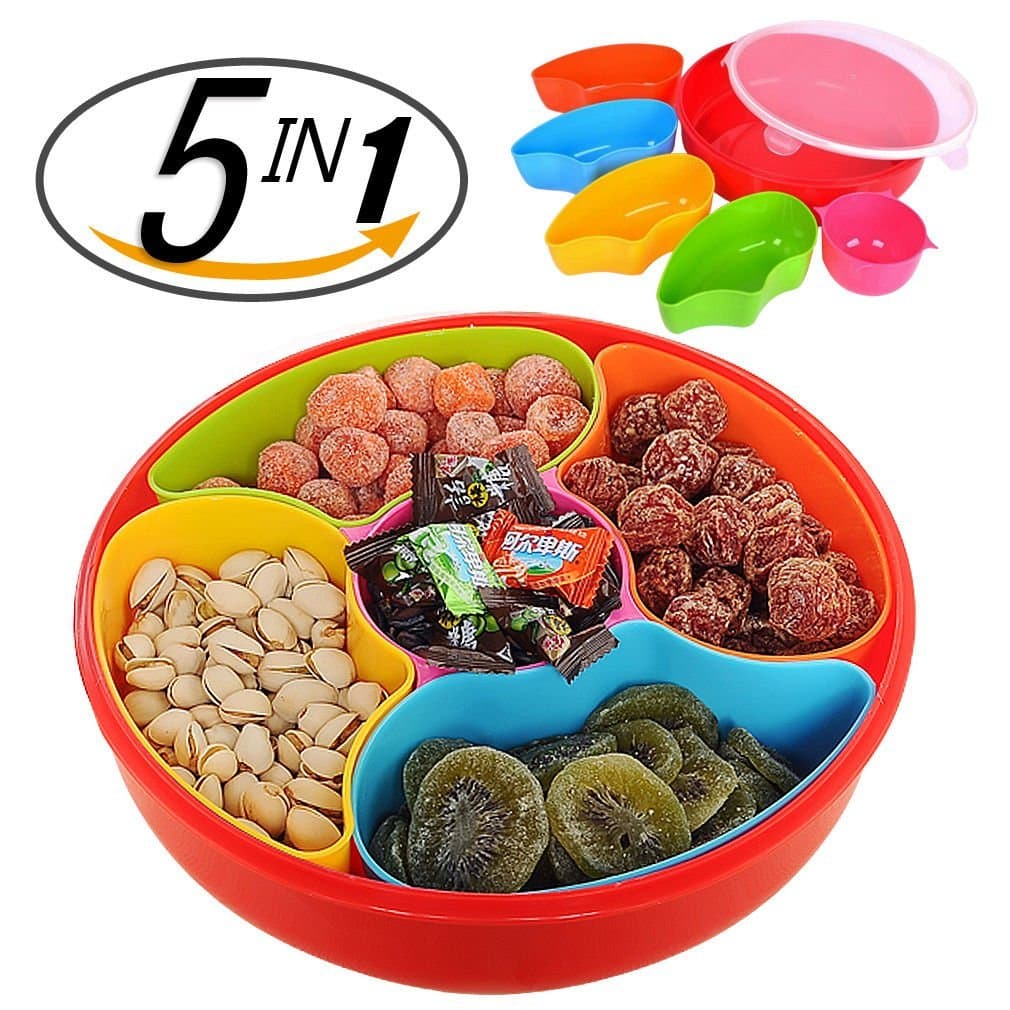 PNBB Colorful 5 Section Round Compartment Plastic Snack Tray with Lid - Easy to Store Your Food,Snack,Nuts,Candies,Dried Fruits