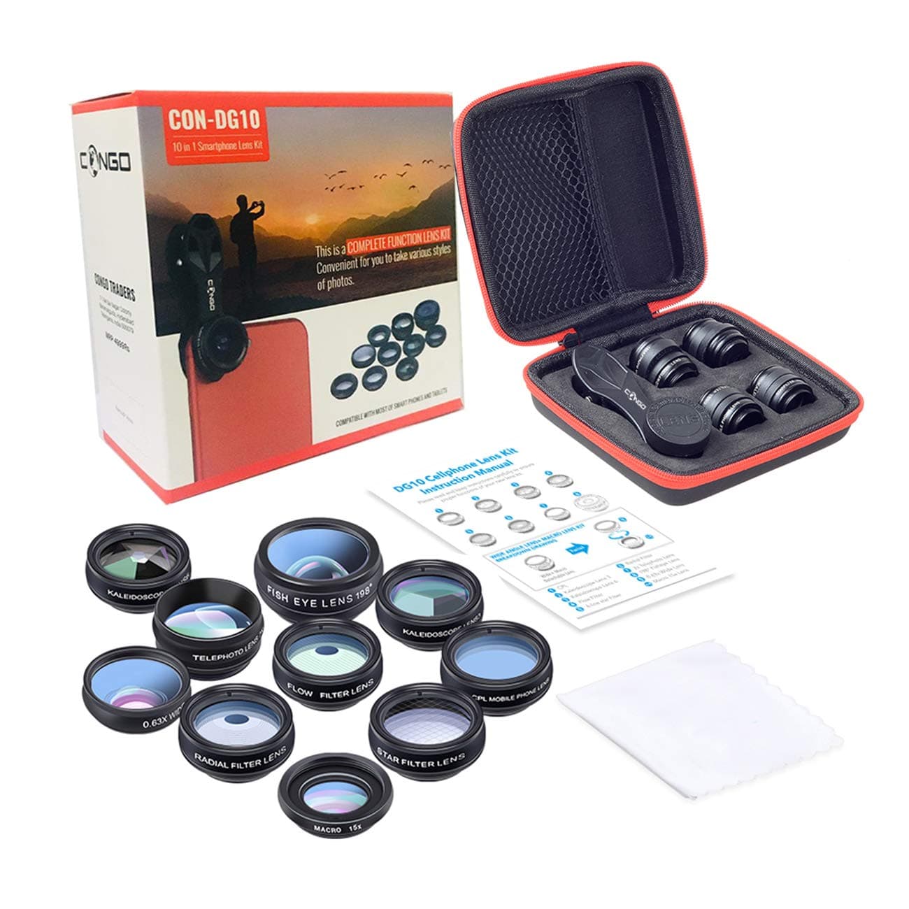 Congo 10 in 1 Cell Phone Camera Lens Kit Wide Angle Lens & Macro Lens+Fisheye Lens+Telephoto Lens+CPL/Flow/Radial/Star…