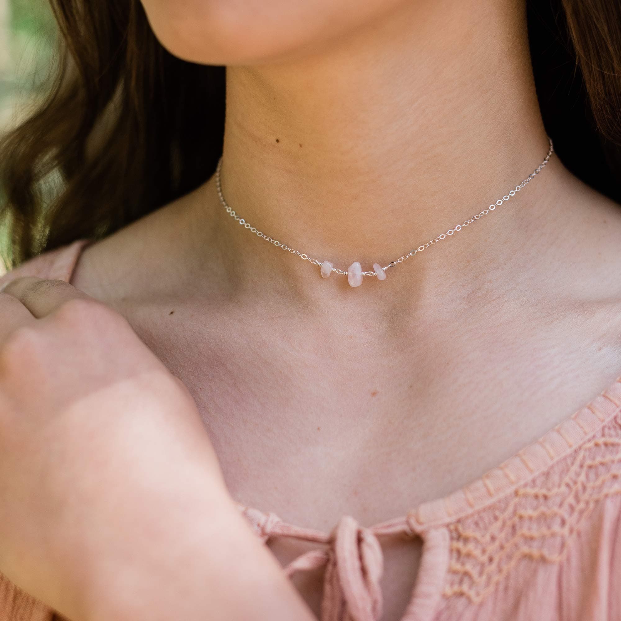 Rose Quartz Beaded Chain Choker in Sterling Silver