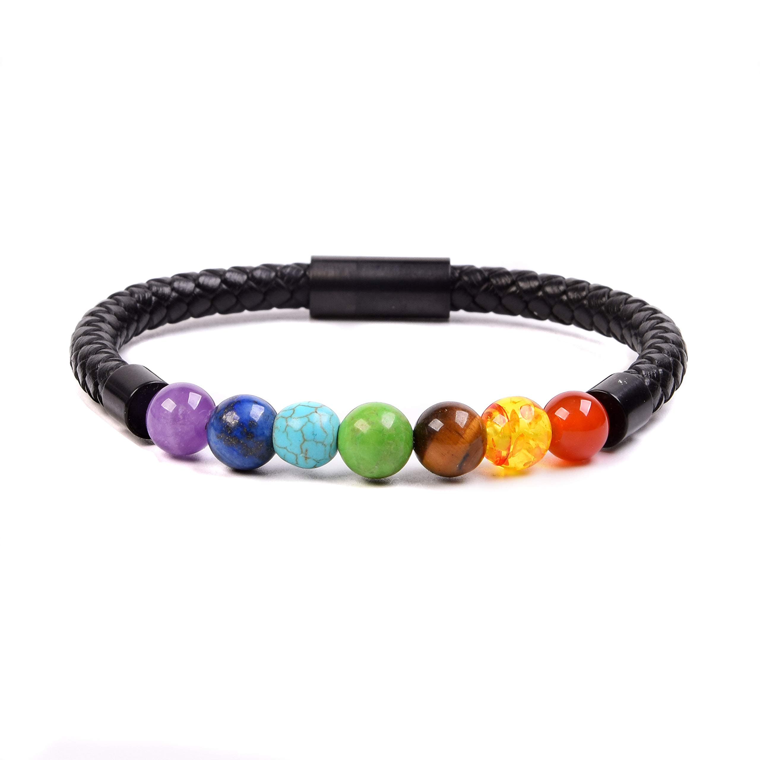 RIVERTREE Beaded and Leather Bracelet Lava Rock Stone 8mm / Diffuser Bracelet/Black Leather Braided Rope Wristbands with Stainless Steel Magnetic Clasp for Men Balancing Healing Anti Anxiety