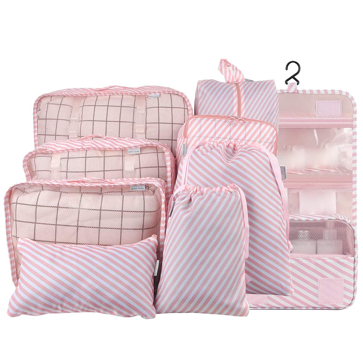 Belsmi 9 Set Packing Cubes with Shoe Bag - Compression Travel Luggage Organizer (9pcs Pink stripes)