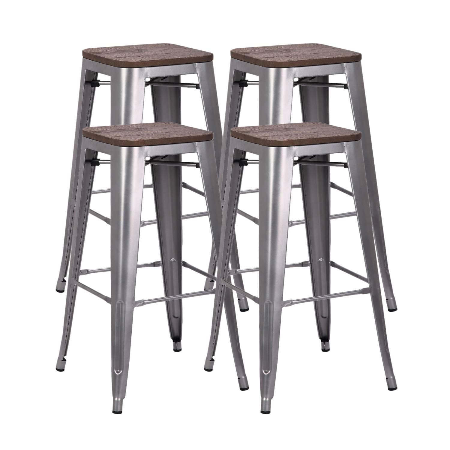 Squadise 30 inches Metal Bar Stools Set of 4 Stackable, Counter Height Industrial Bar Stools with Wood Seat for Home Kitchen,Pub,Outdoor-Silver