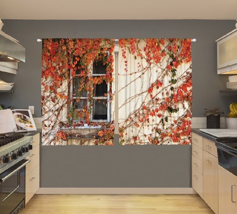 French Rustic Country Digital Graphic Printed Kitchen Curtain Panel Set or Dining Room Drapes European Colonial Floral Design Window Covering Treatment