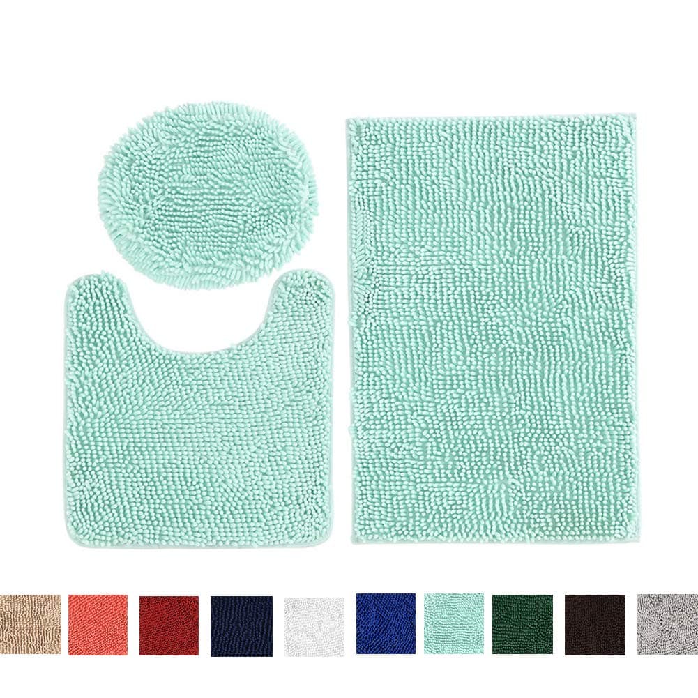 3 Pieces Combo Bath Mat - Absorbent Soft Chenille Non-Slip Bathroom Rugs Carpet for Standard Toilet Bathtub Mat Sets Green Shower Rug