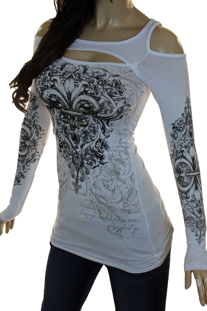 Bling Womens Plus Size Rhinestone Cross or Fleur De Lis Wings Cold Shoulder New Top