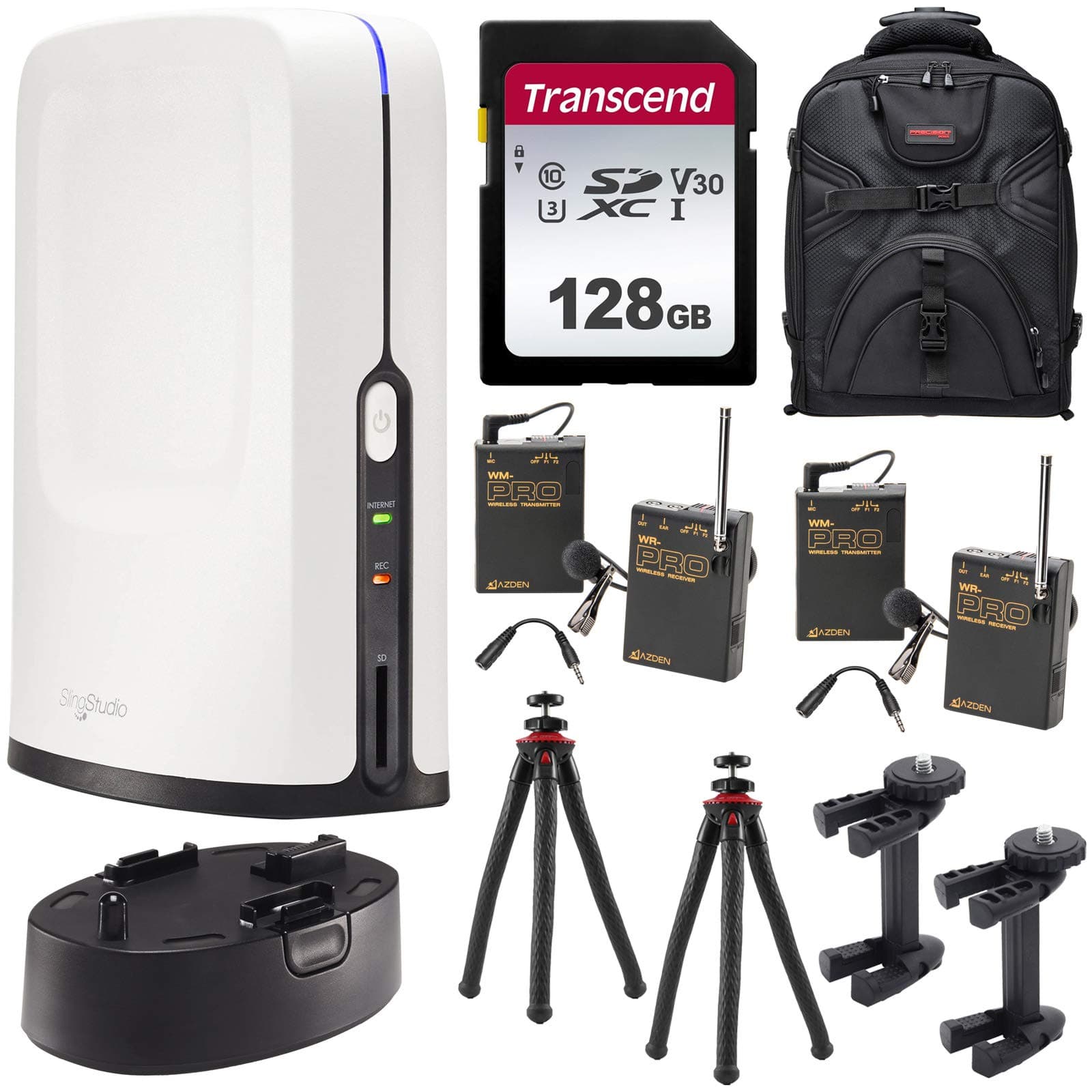 SlingStudio Hub Portable Wireless Broadcast HD Video Production Unit (Smartphone Location Interview Bundle) + Battery Pack + 128GB Card + 2 Tripods + 2 Lavalier Mics