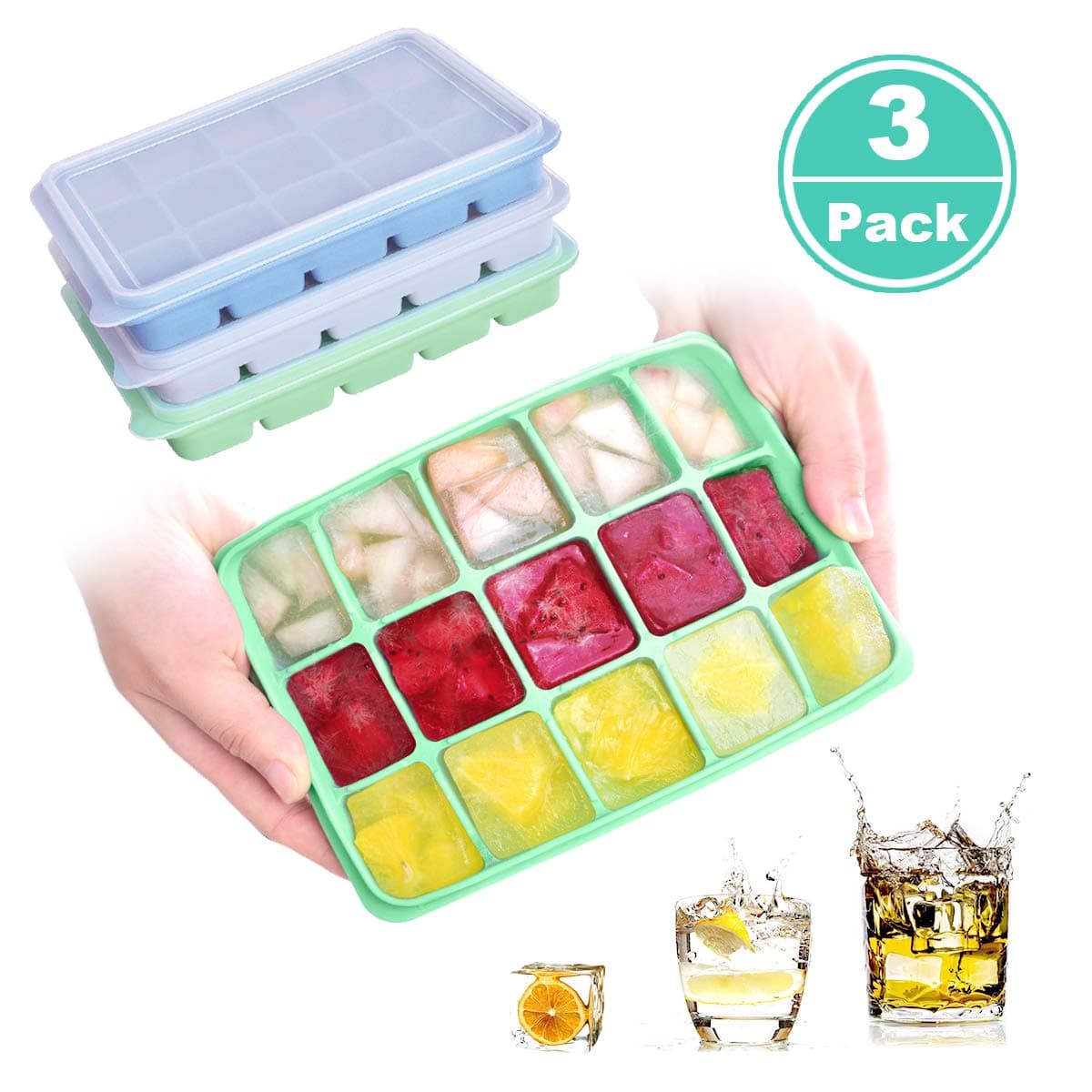 Ice Cube Trays 3 Pack 45 cubes,MIEVERY Silicone Ice Trays Spill-Resistant Silicone Lid,Ice Cube Molds Easy-Release Durable and Dishwasher Safe,FDA Certified & BPA Free