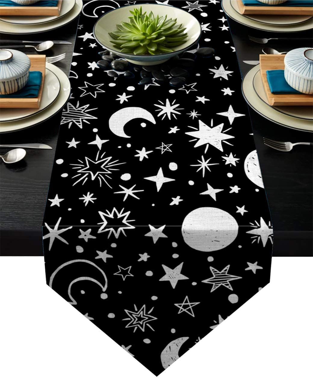 Fandim Fly Dining Table Runner 13 x 90 Inch, Moon and Star Universe Night Sky Pattern Table Runners for Morden Stylish Wedding Party Holiday Table Setting Decor