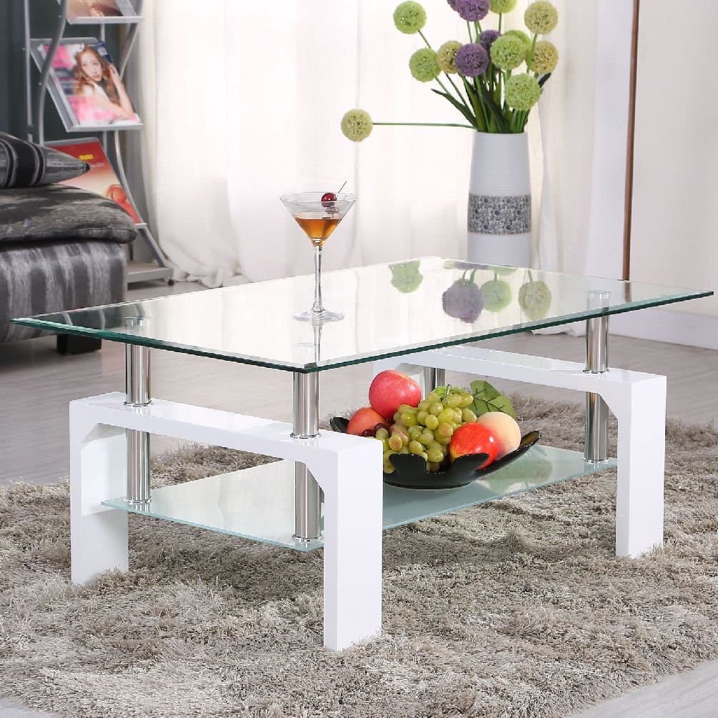 White Rectangular Glass Coffee Table Shelf Chrome Wood Living Room Furniture