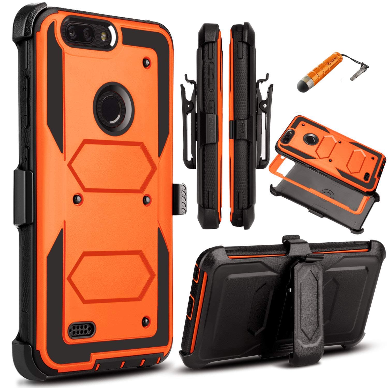 KooJoee Orange Armor Defender Case Compatible with ZTE Blade Z MAX/Sequoia Z982/ZMax Pro 2, Heavy Duty Shockproof[Kickstand][Swivel Belt Clip] Full Body Rugged Holster with Built-in Screen Protector