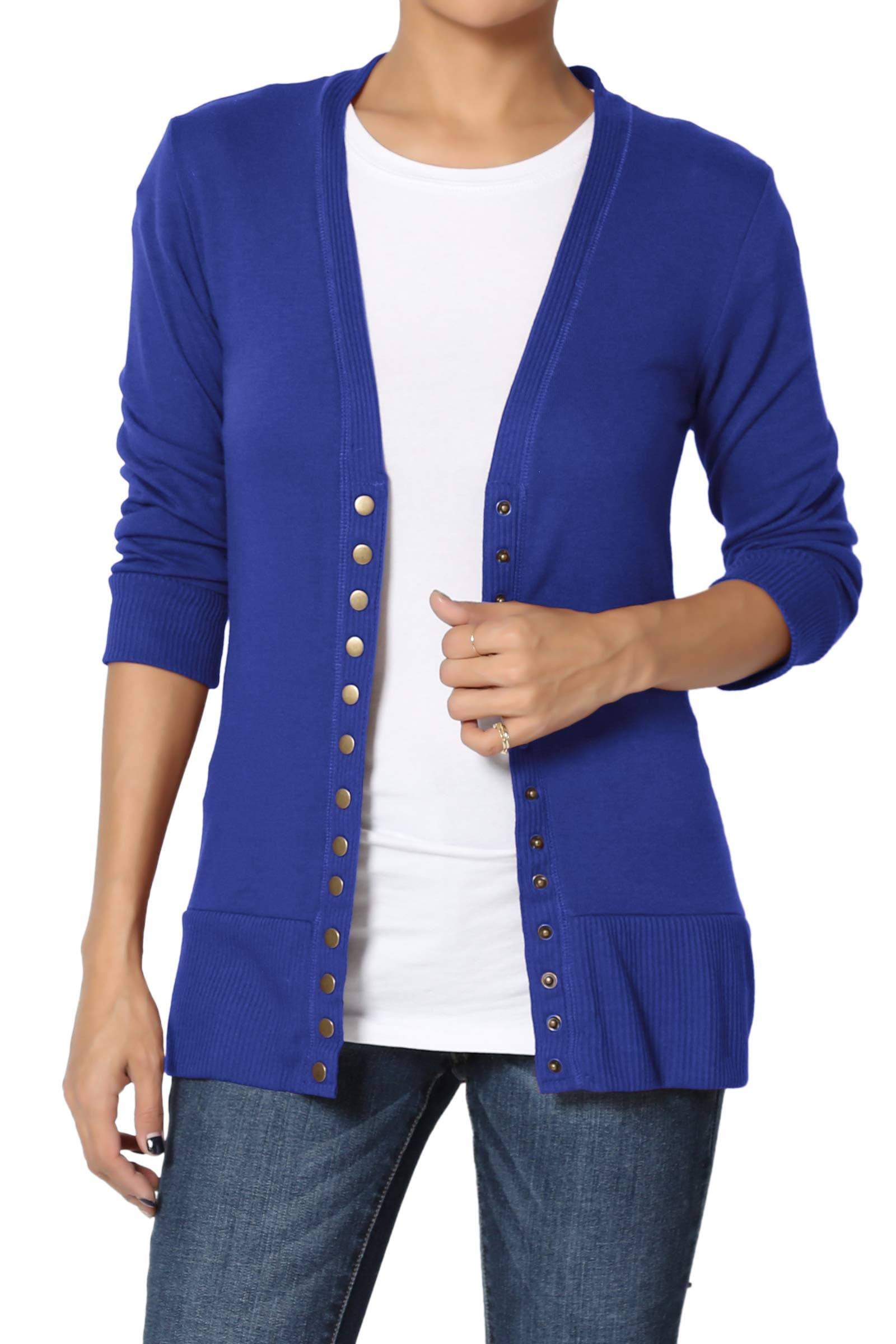 TheMogan Women's Snap Button V-Neck 3/4 Sleeve Layering Knit Cardigan Denim Blue 1XL