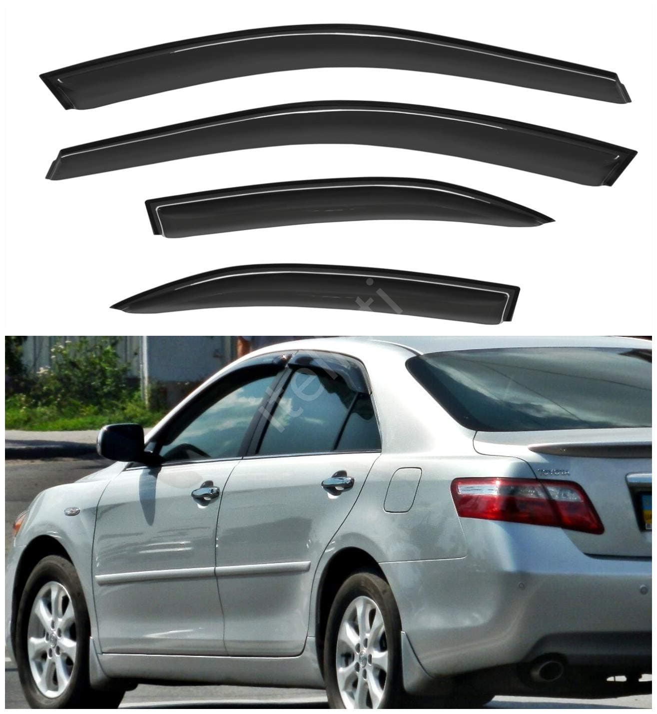 4pcs Outside Mount Dark Smoke Sun/Rain Guard Front+Rear Tape-On Auto Window Visors Compatible with 02-06 Camry