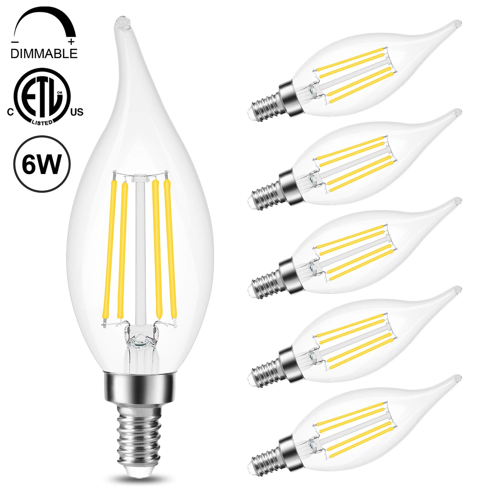 Dimmable E12 LED Candelabra Bulb 6W 60W Equivalent 4000K Daylight 600LM,Cotanic Decorative C35 LED Chandelier Bulb,Flame Tip Ceiling Fan Bulb,Vintage Type B Filament Candle Light Bulb,6 Pack
