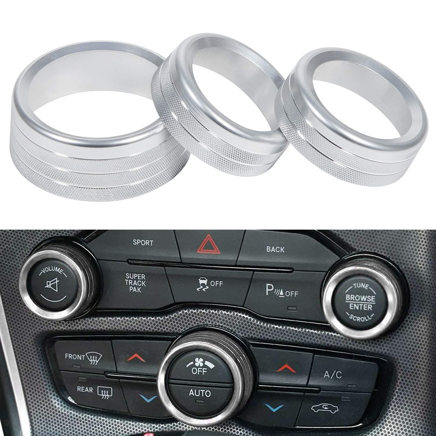 3pcs Audio Air Conditioner Switch CD Button Knob Cover Decoration Twist Switch Ring Trim for Dodge Challenger/Charger/Chrysler 300/300s 2015-2021(Silver)