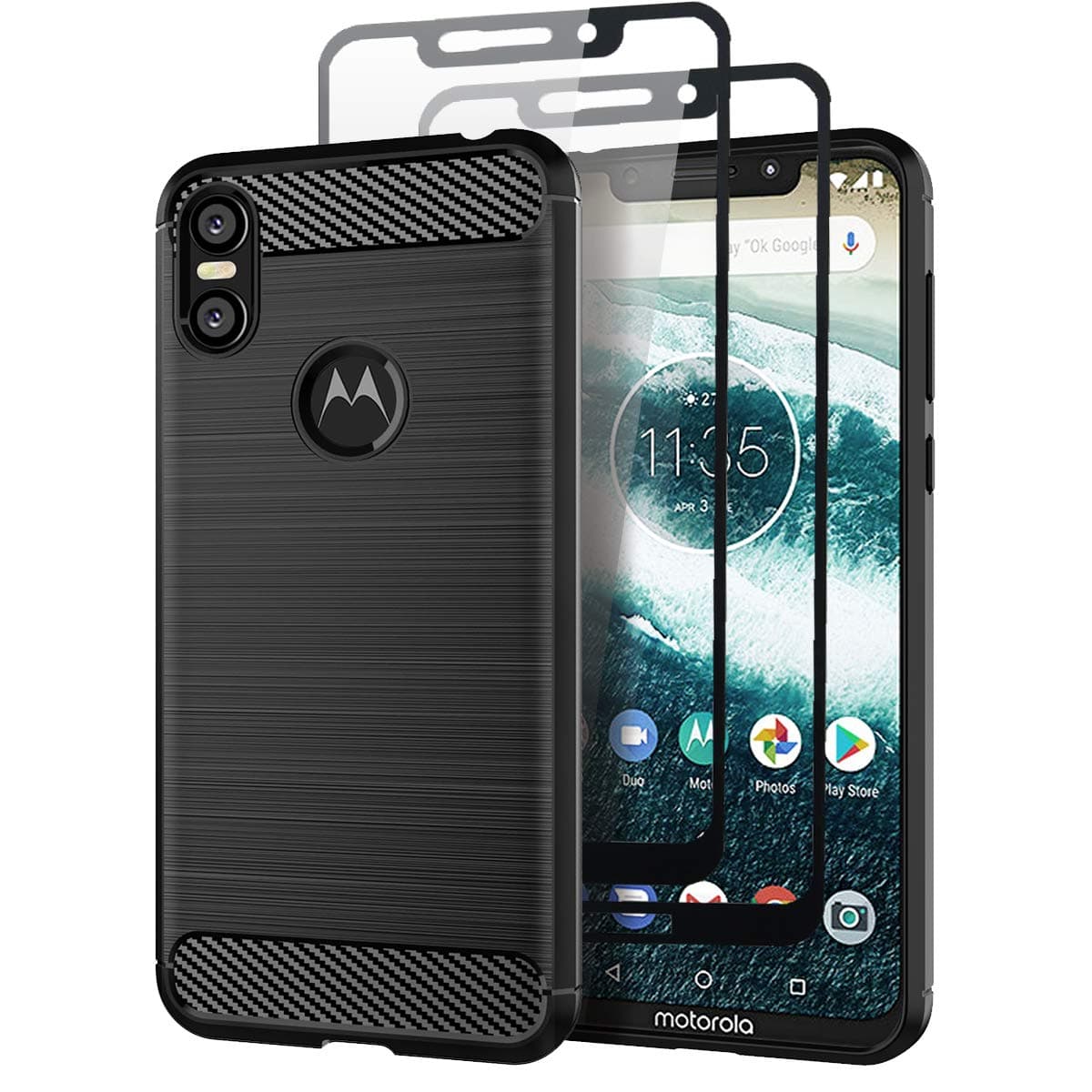 Teayoha Case for Moto One, with Tempered Glass Screen Protector [2 Pack], Carbon Fiber Scratch Resistant, Shock Absorption Soft TPU Drawing Protective Cases Cover - Black