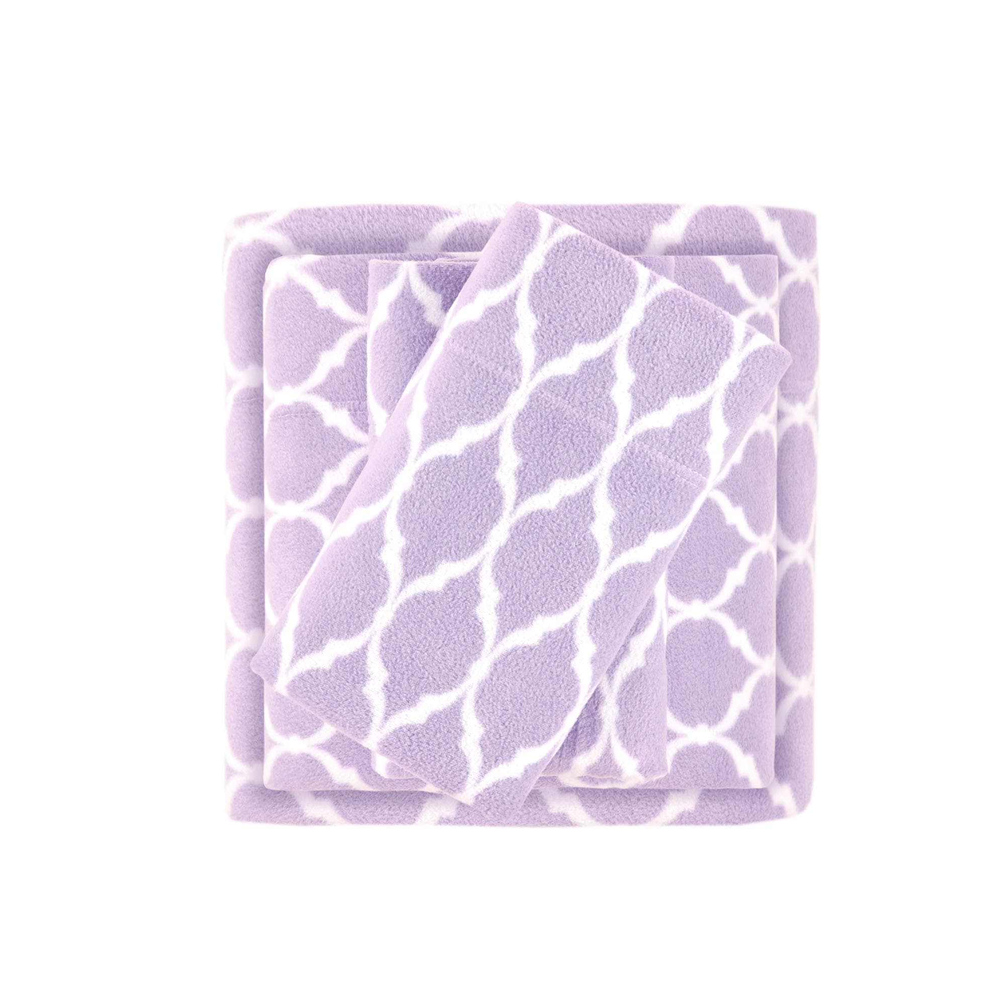 True North by Sleep Philosophy Micro Fleece Bed Sheet Set, Warm, Sheets with 14" Deep Pocket, for Cold Season Cozy Sheet-Set, Matching Pillow Case, King, Purple Ogee, 4 Piece