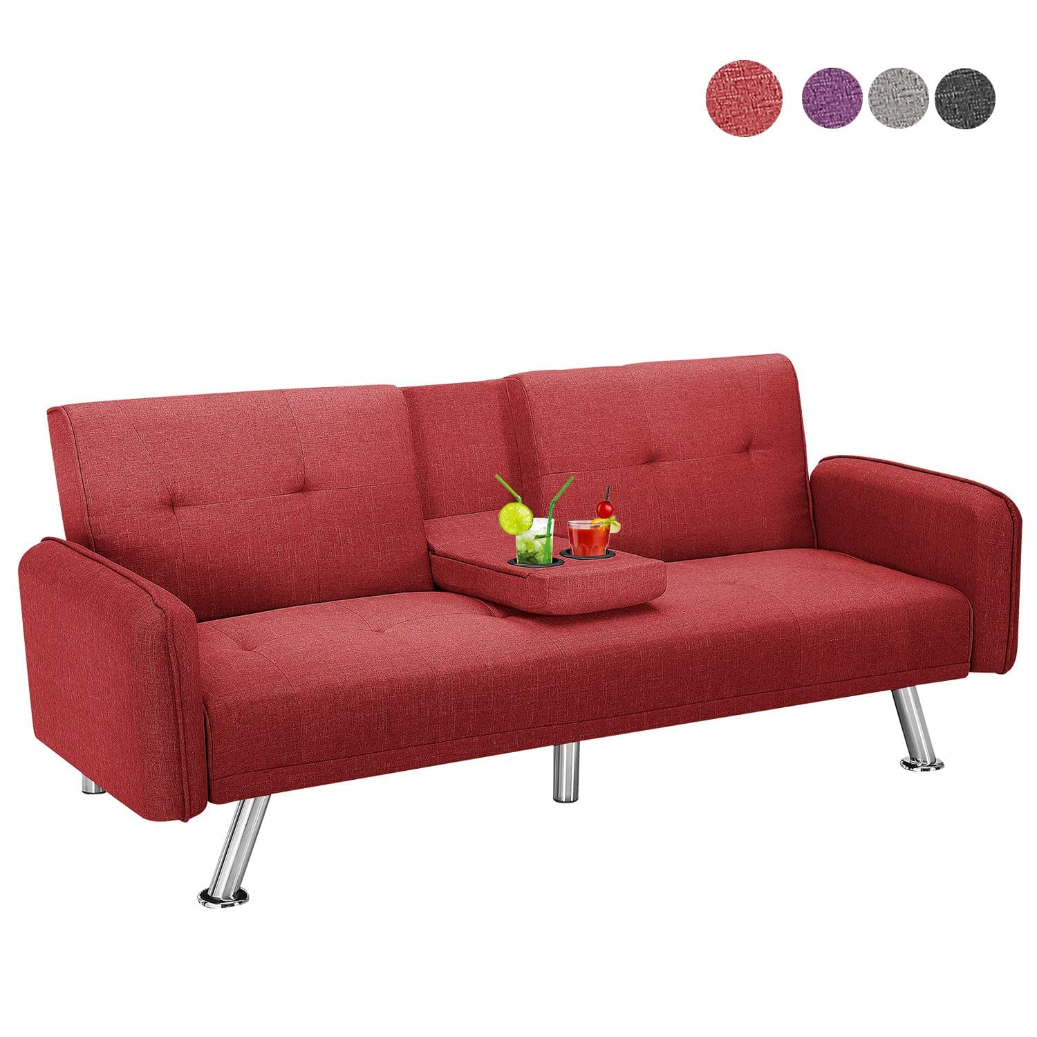 Futon Sofa Bed Twin Size Sleeper, Baysitone Convertible Lounge Couch with Armrest / 2 Cup Holders/Linen Fabric/Metal Legs (Red)