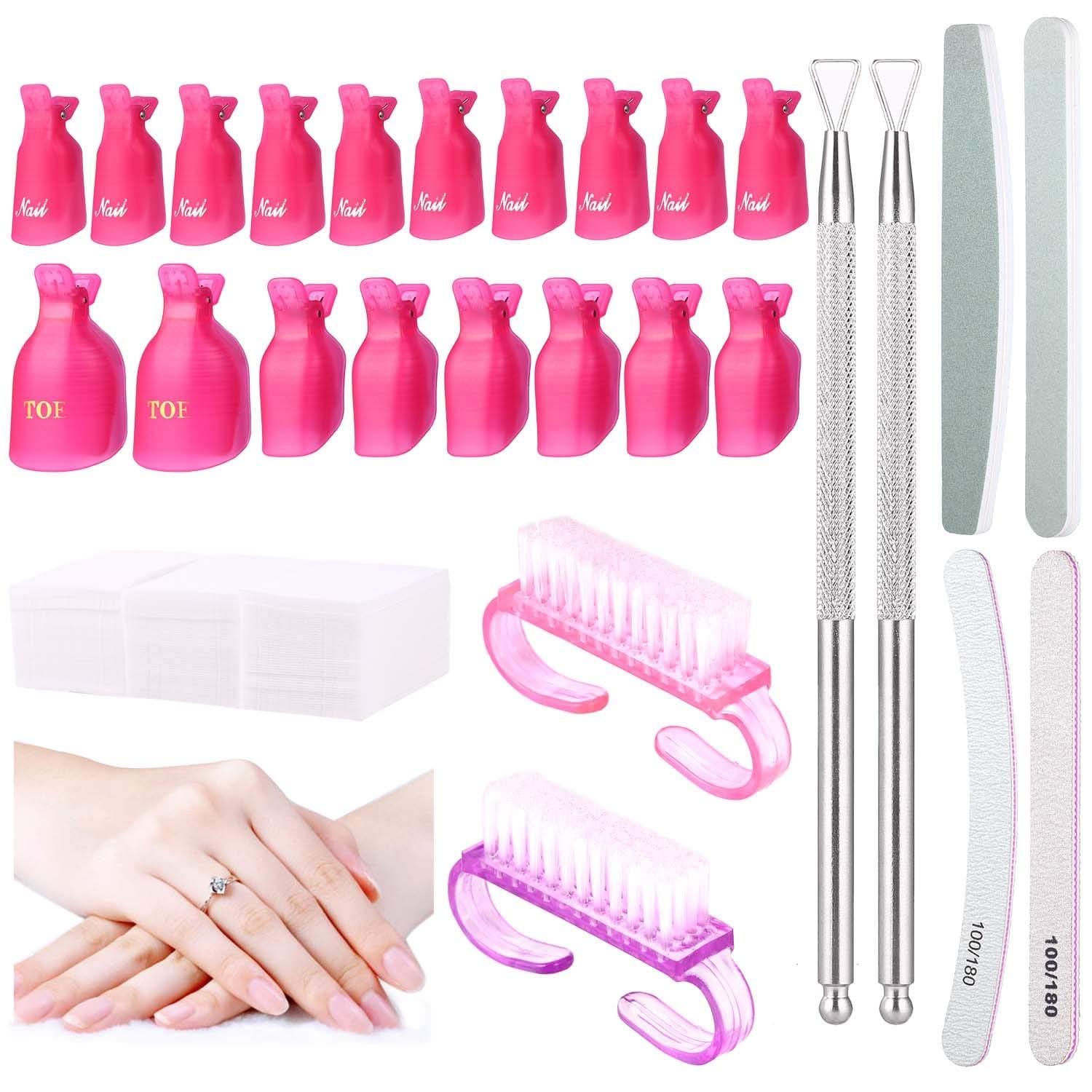 20pcs Nail Remover Clips, 4pcs Nail File Buffer Polish Block, 2pcs Stainless Steel Triangle Cuticle Peeler Scraper, 200pcs Cotton pads&2pcs Nails Brushes for Gel Polish Remover