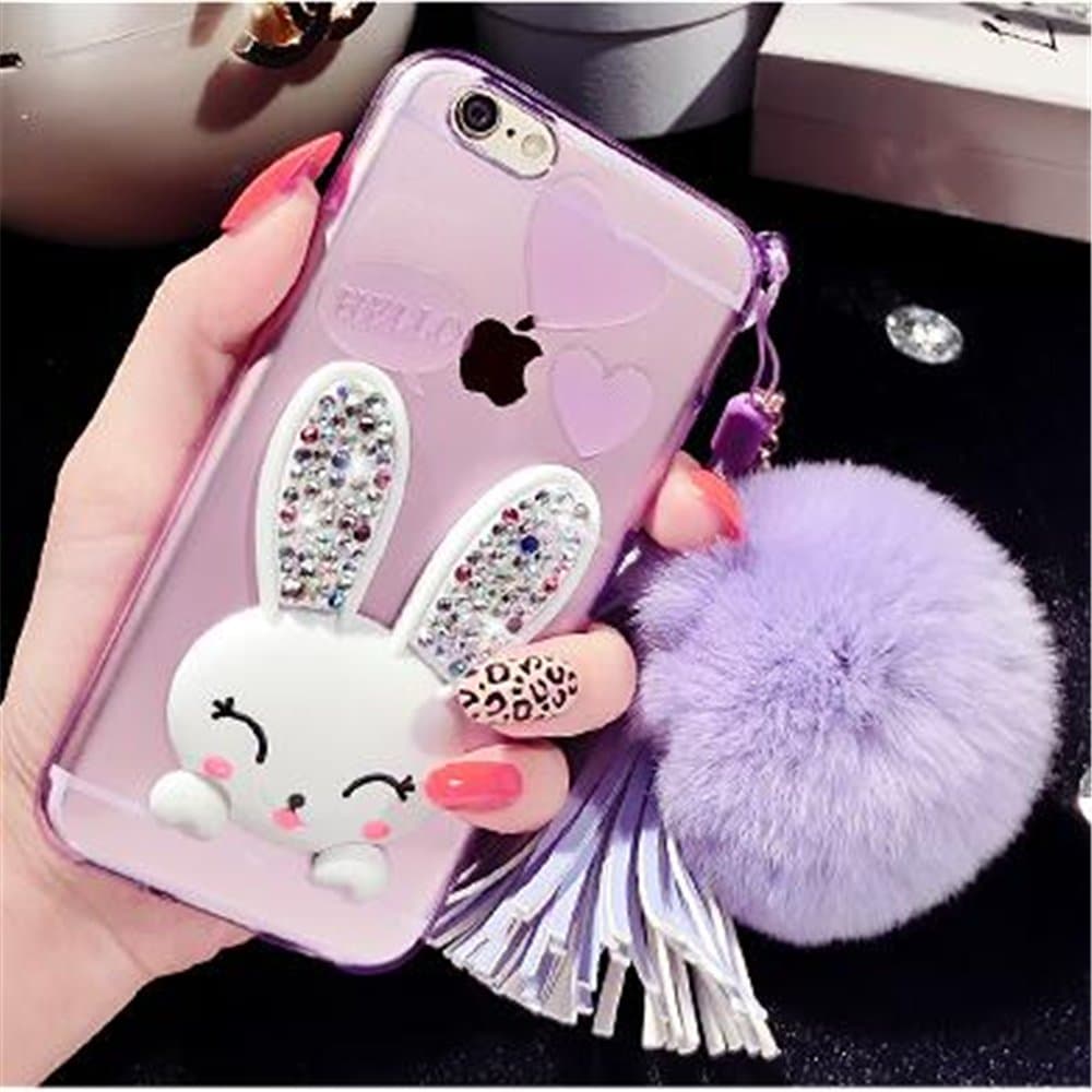 Galaxy S7 Edge Case with Chain,Cute Lovely Bunny Rabbit Silicone Soft Case Cover for Samsung Galaxy S7 Edge with Fur Ball (Purple)