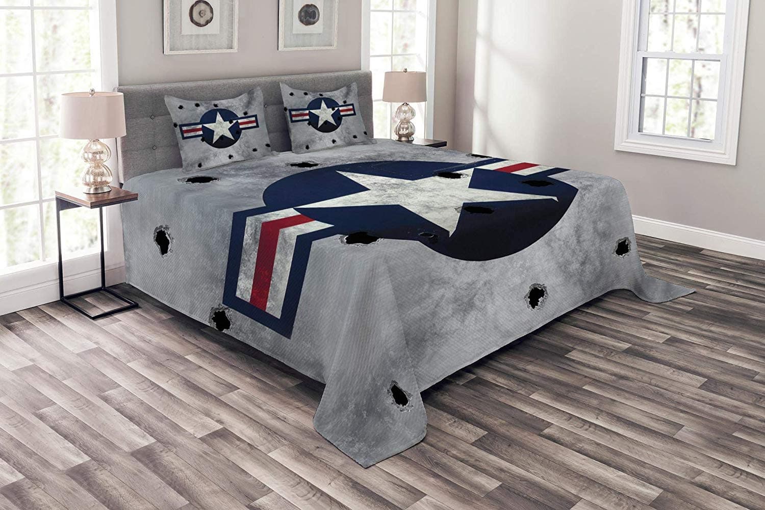 Airplane Bedspread Set Twin Size, Star on Round Circle with Stripes with Grunge Effect Backdrop Aircraft, Decorative Quilted 3 Piece Coverlet Set with 2 Pillow Shams, Red Grey Blue White