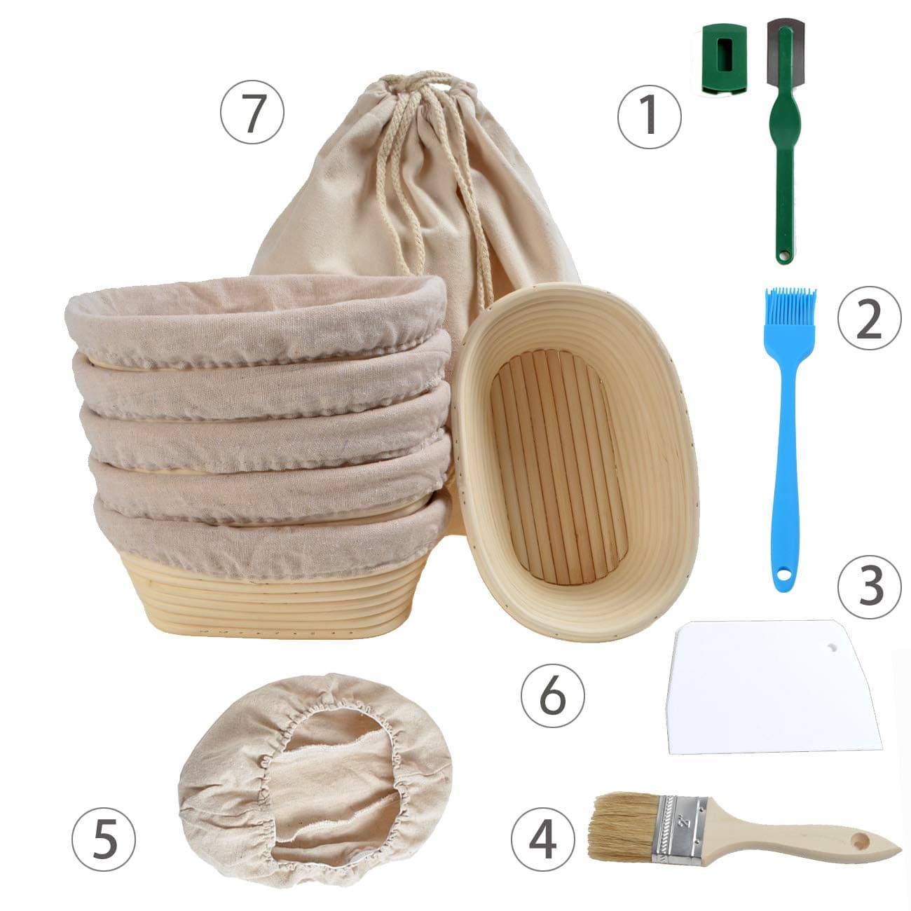 Pack 6X 21cm/8.26" Oval Bread Proofing Basket Natural Rattan Sourdough Proving Basket Bread Proving Brotform Bannetons for 500g Dough with Free Liner Bread Cutter Lame 2 x Brush Storage Linen Bag