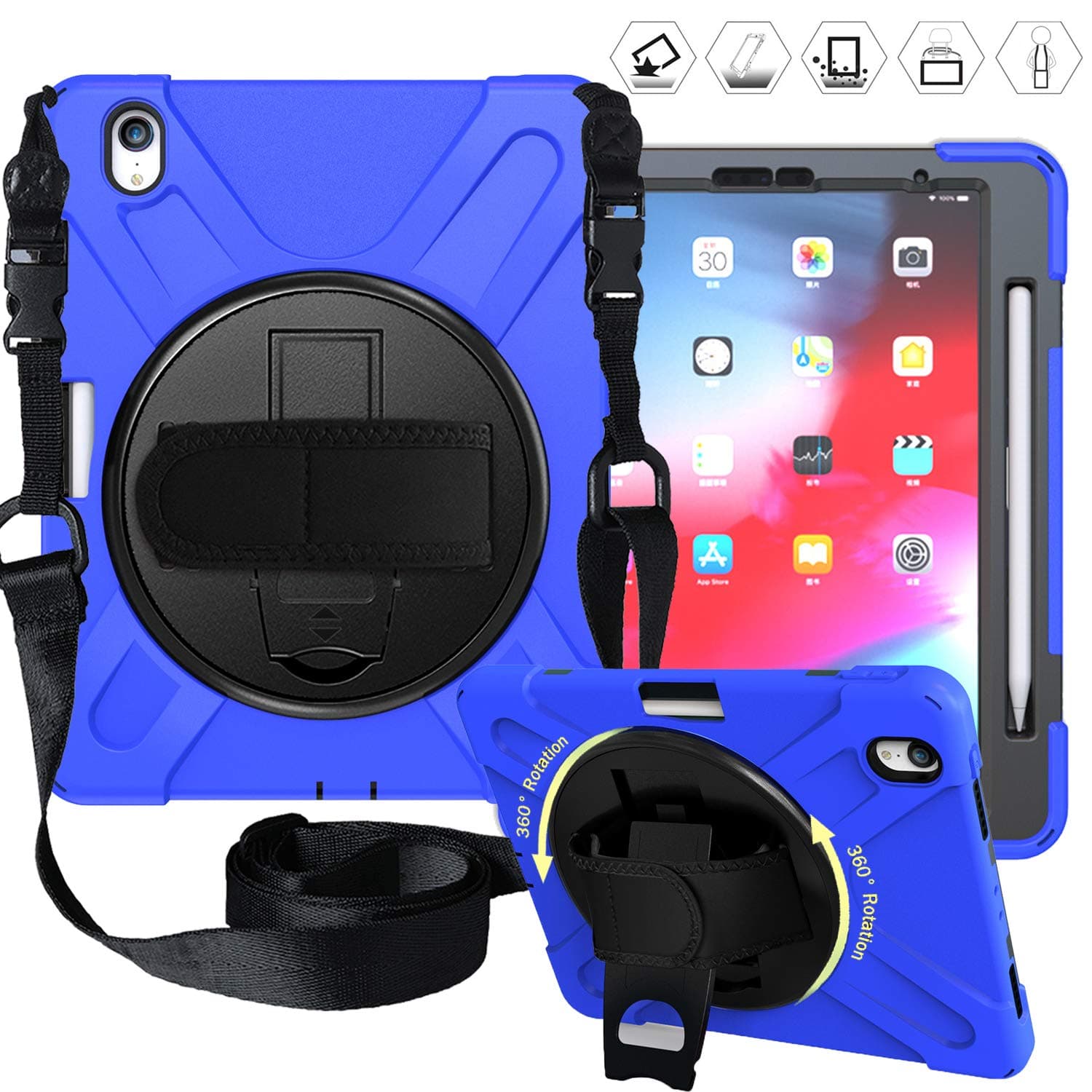 iPad Pro 11 Case with Pencil Holder, Heavy Duty Shockproof Protective Case with 360 Degree Swivel Stand, Adjustable Hand Strap, Shoulder Strap for iPad Pro 11 Inch 2018 Release (Blue)