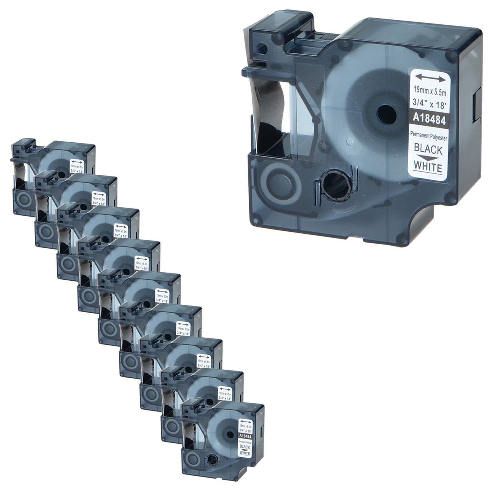 NineLeaf10 Pack Black on White Permanent Polyester Industrial Label Tape Compatible for Dymo 18484 19mm 3/4" x 18ft Labeling Refill Cartridge use in Rhino 4200 5000 5200 6000 Label Maker