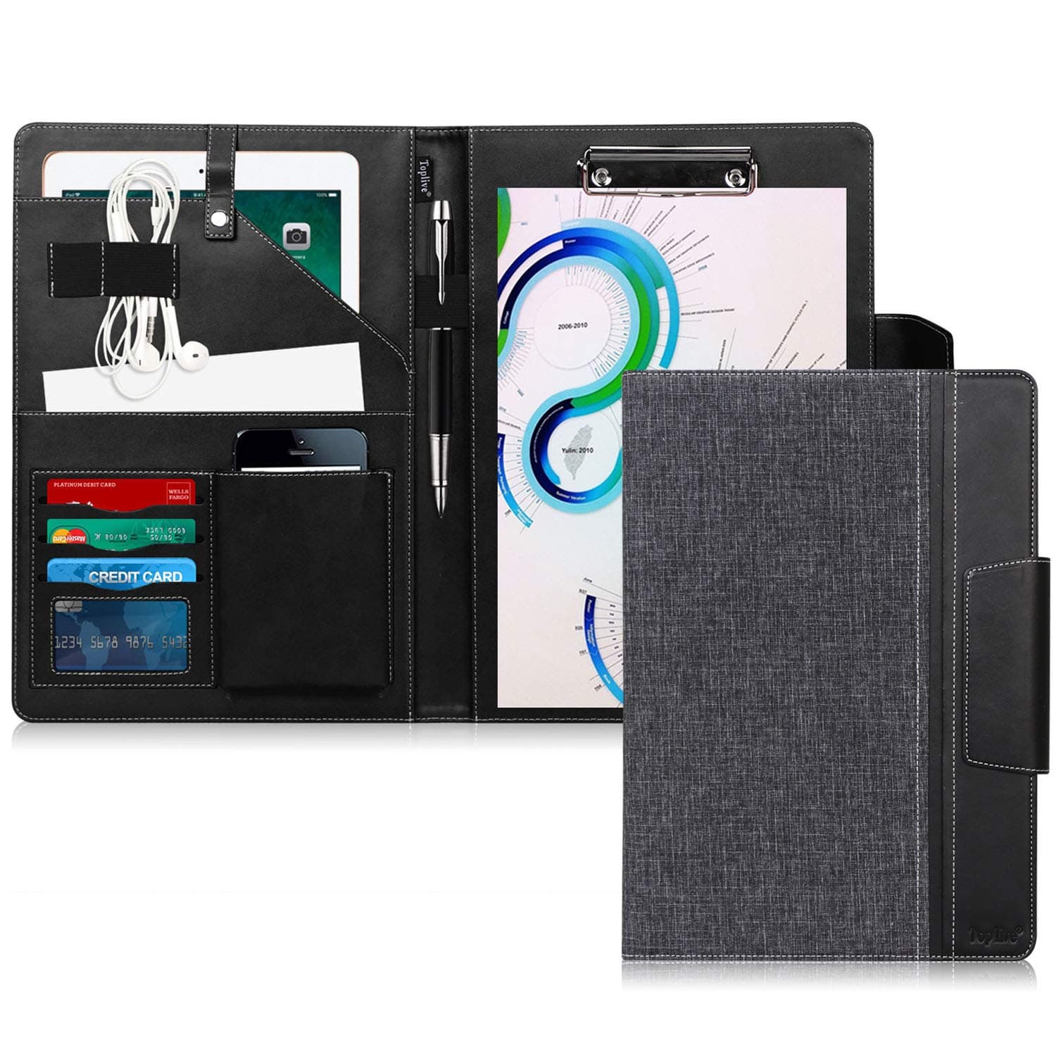 Toplive Portfolio Folder A4 Leather Conference Folder Business Padfolio with A4 Writing Pad, Document Bag,Card Holder,Tablet Sleeve(Up to 10.5 Tablet),Binder for Business School Office,Black