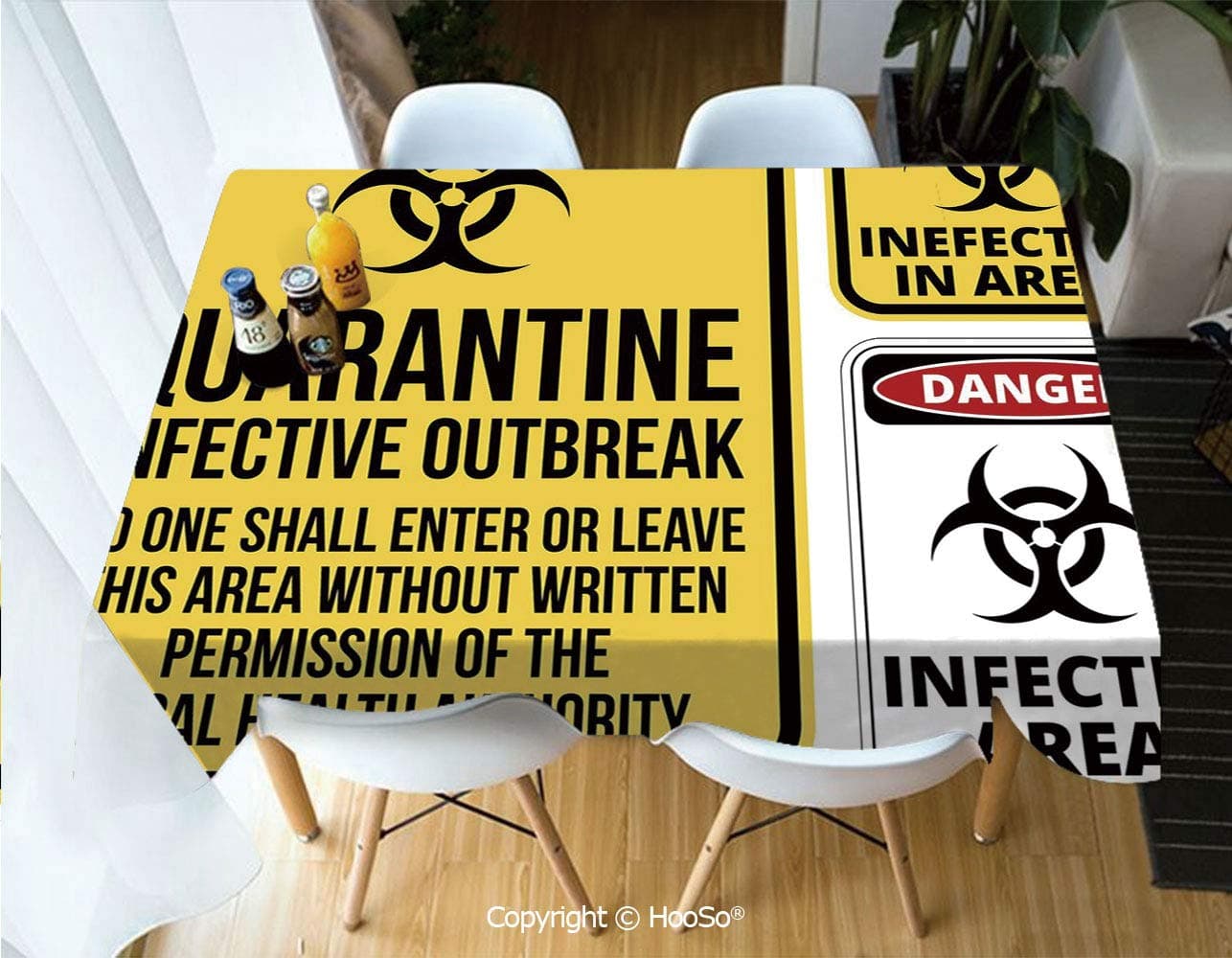 HooSo Premium Polyester Table Cover, Machine Washable, Durable Table Cloths for Wedding Reception Restaurant Banquet Party,Zombie Decor,Danger Caution Signs Quarantine Infective,60”X102”