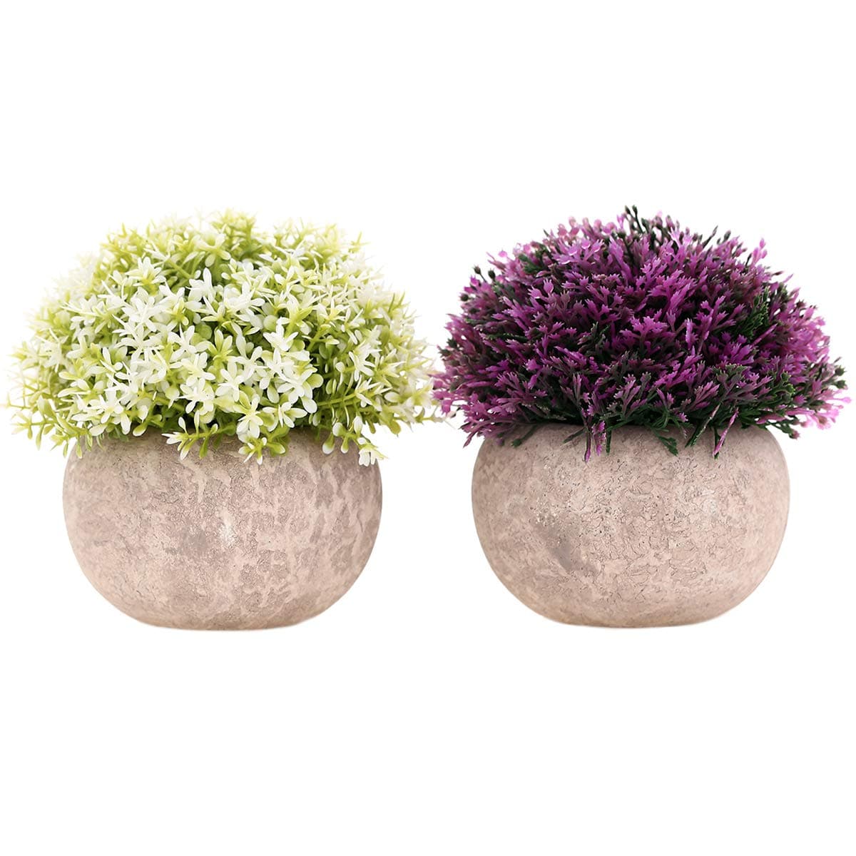 2 Packs Small Fake Plants Artificial Mini Potted Plants Artificial Plants for Home Decor Indoor Faux Plants in Pots Centerpiece Topiary Shrubs for Bathroom Decoration, Purple and White