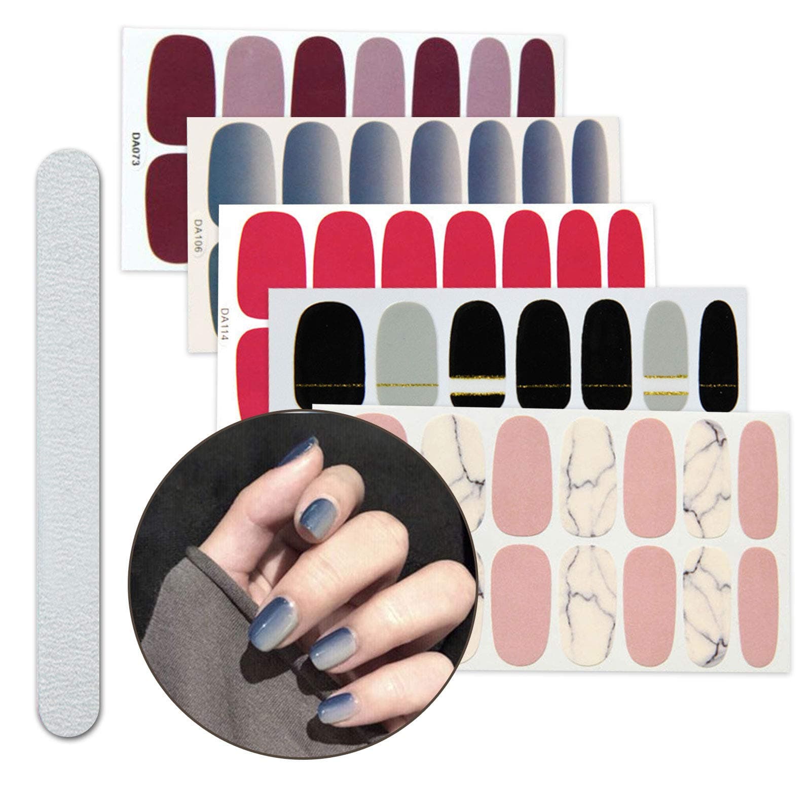 5 Sheet Different Full Nail Art Polish Stickers Strips Self-Ashesive False Nail Design Manicure Set With 1Pc Nail Buffers Files
