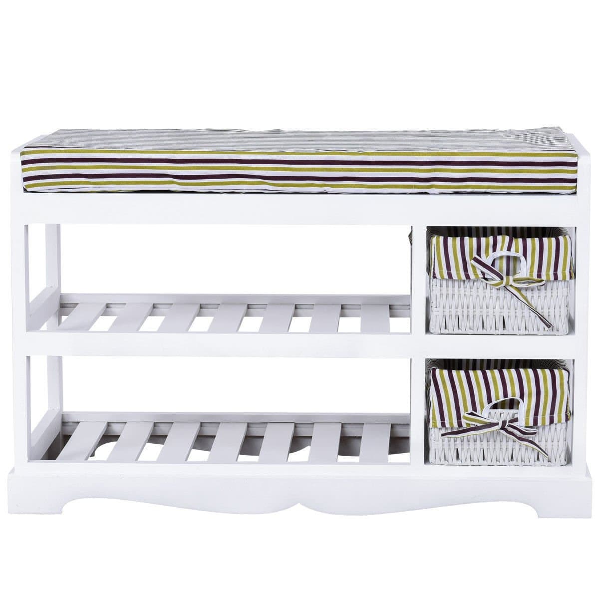 GJH One Padded Shoe Storage Bench Organizer Rack Shelf Unit Entryway Hallway Bench White 2 Basket 28'' X 13'' X 18''