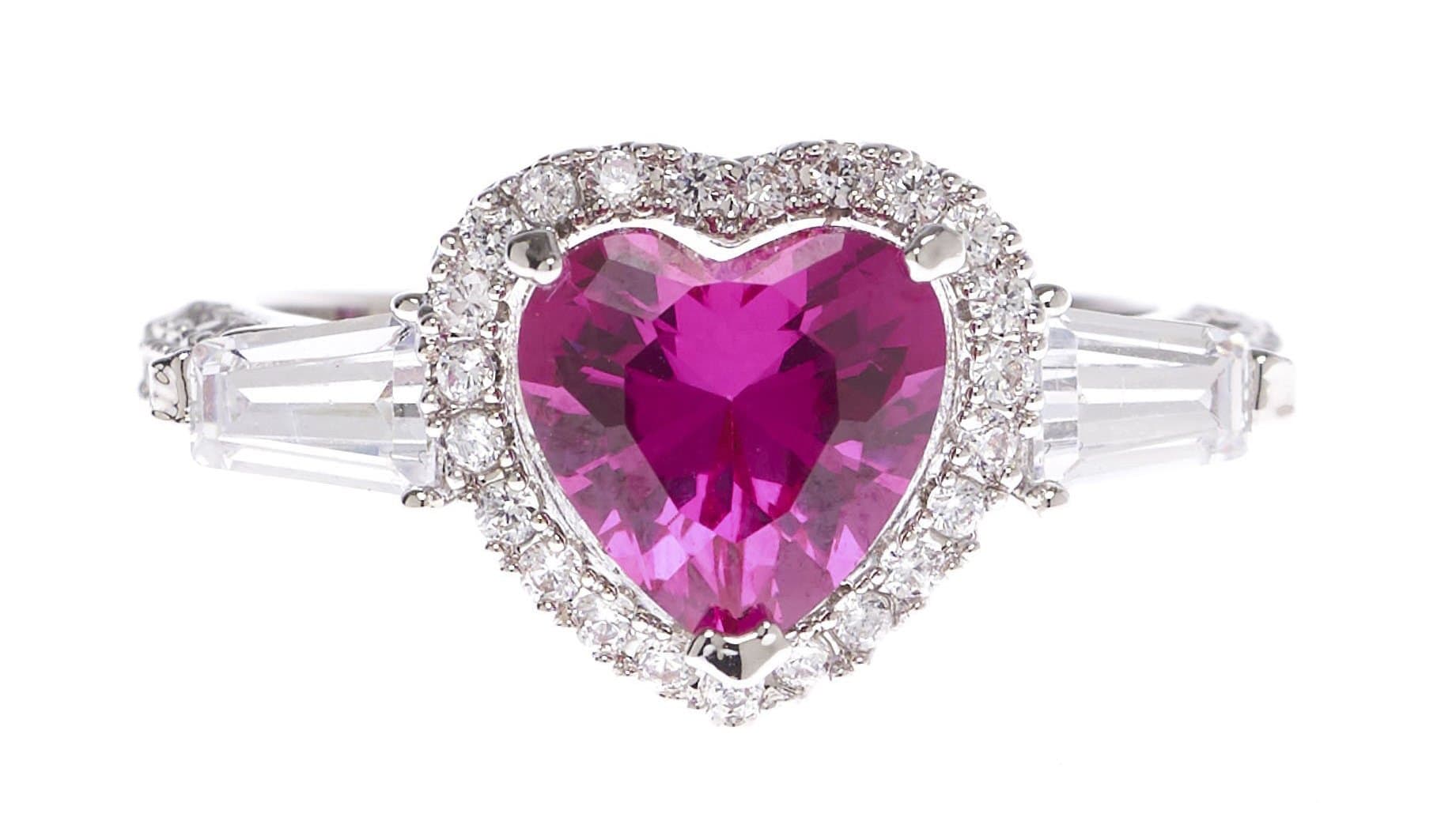 VIAMAR Jewelry Ruby Heart Clear Cubic Zirconia Ring - A Pair of Baguette Stones - Brass Finished with Genuine Rhodium