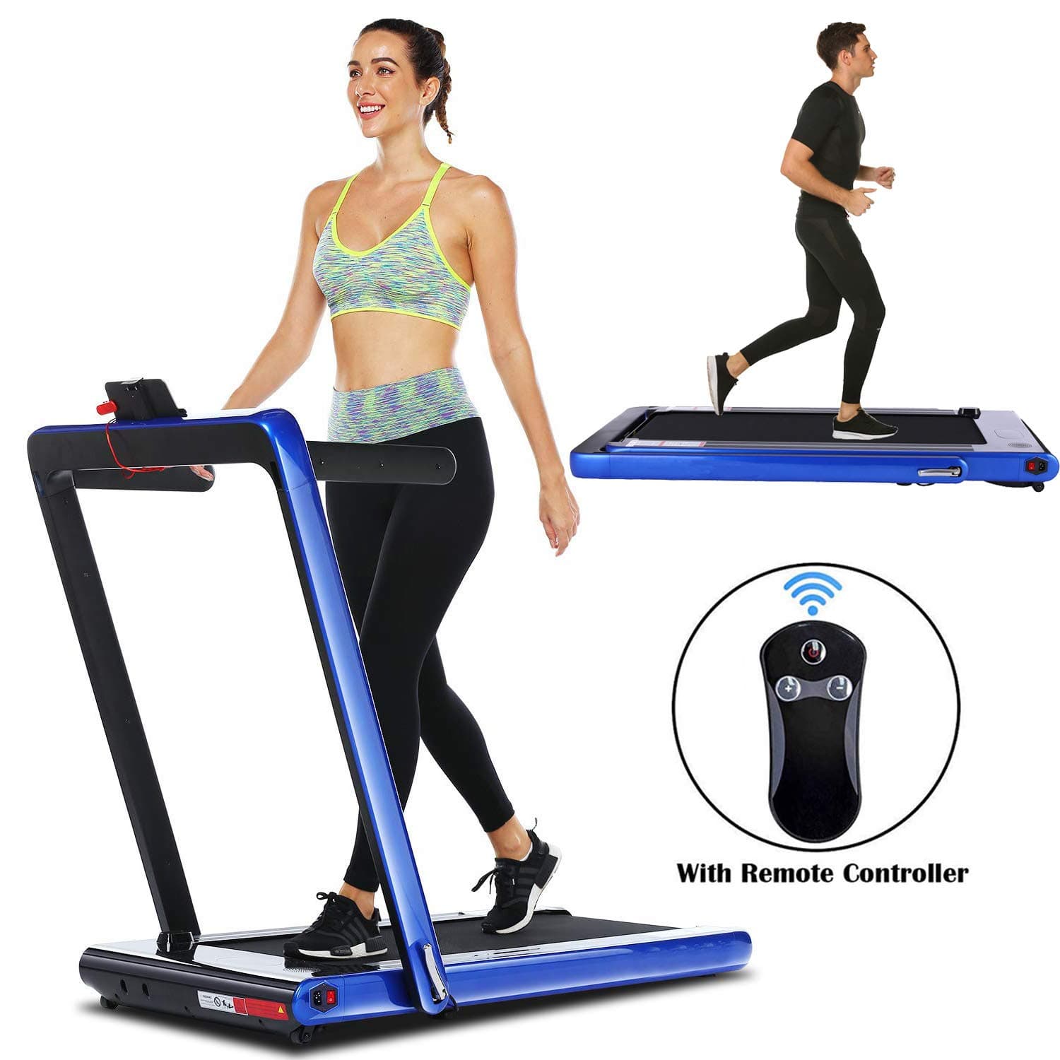2 in 1 Under Desk Treadmill, Smart 2.25 HP Folding Electric Treadmill, Walking Running Jogging Machine with Bluetooth Audio Speakers, Fitness Trainer Equipment for Home Gym Office (Blue)