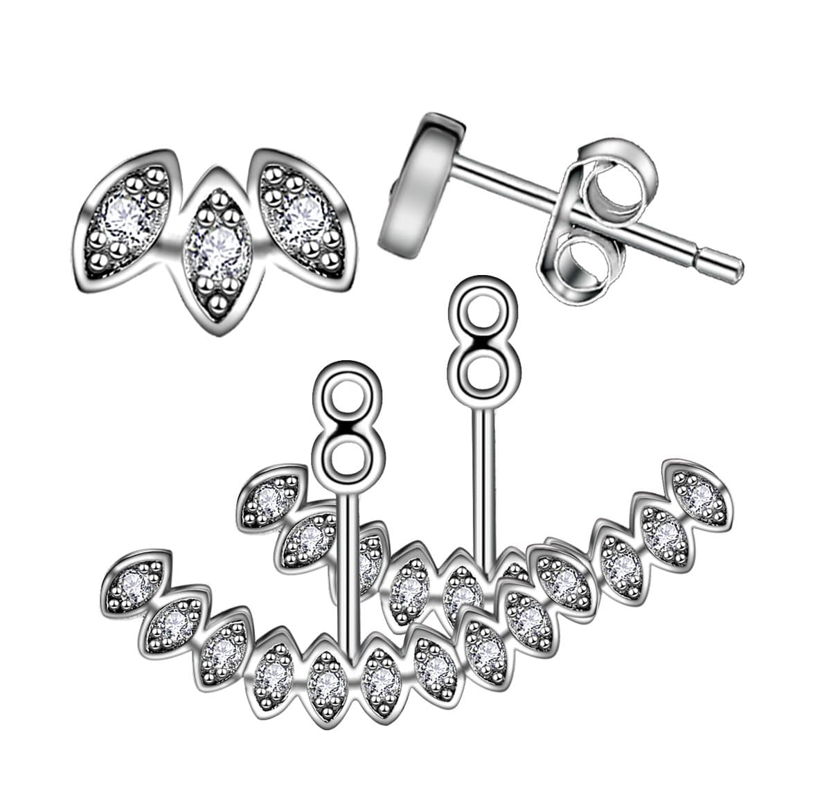 ElensanLeaf Ear Jacket 925 Sterling Silver Stud Earrings with Cubic Zirconia for Woman