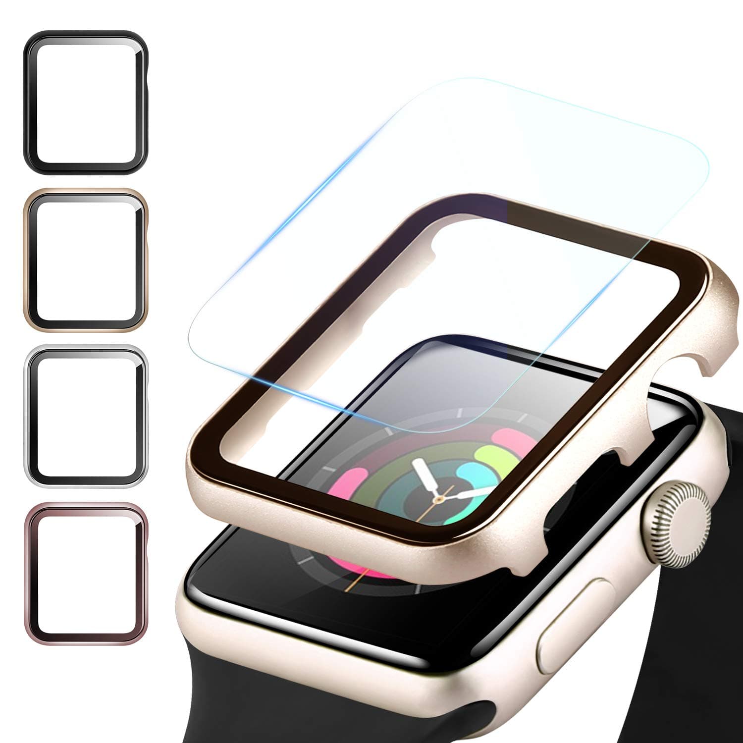 Fohuas Compatible Apple Watch Metal Case with Screen Protector,iPhone Watch Protector Air Bubble Free Clear Ultra-Thin,Aluminum Plating Cover Hard PC Bumper (Gold, Series 6 5 4 SE 44mm)
