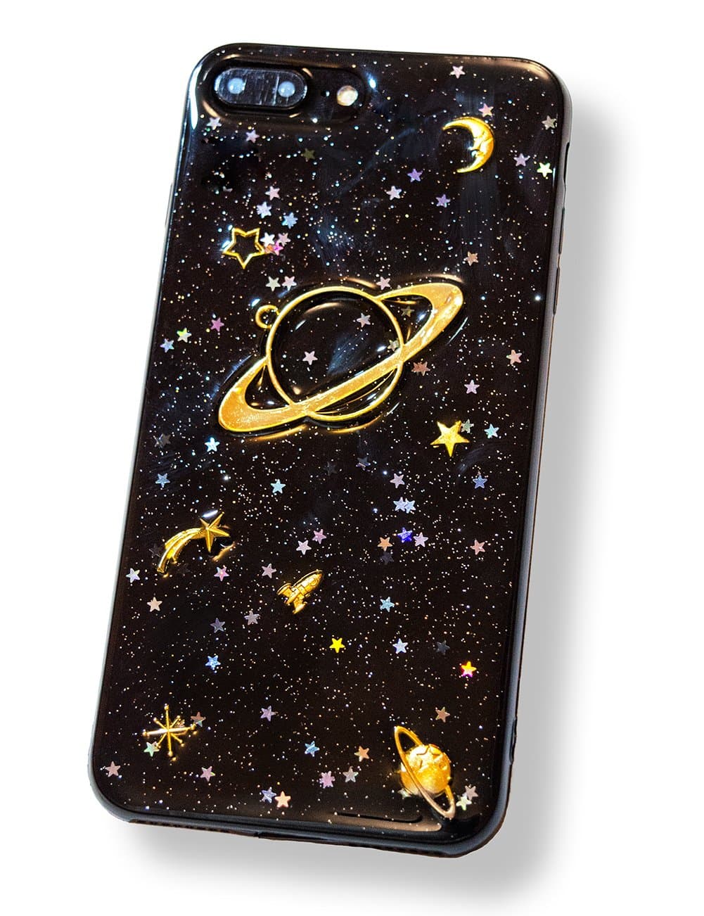iPhone 6 Plus Case iPhone 6s Plus Case Glitter Star Sparkle Bling, Sparkling Star Galaxy Moon Sparkling Sparkly Saturn, Black Slim Soft Case, For Protection, Gift, Decoration (iPhone 6/6s Plus)