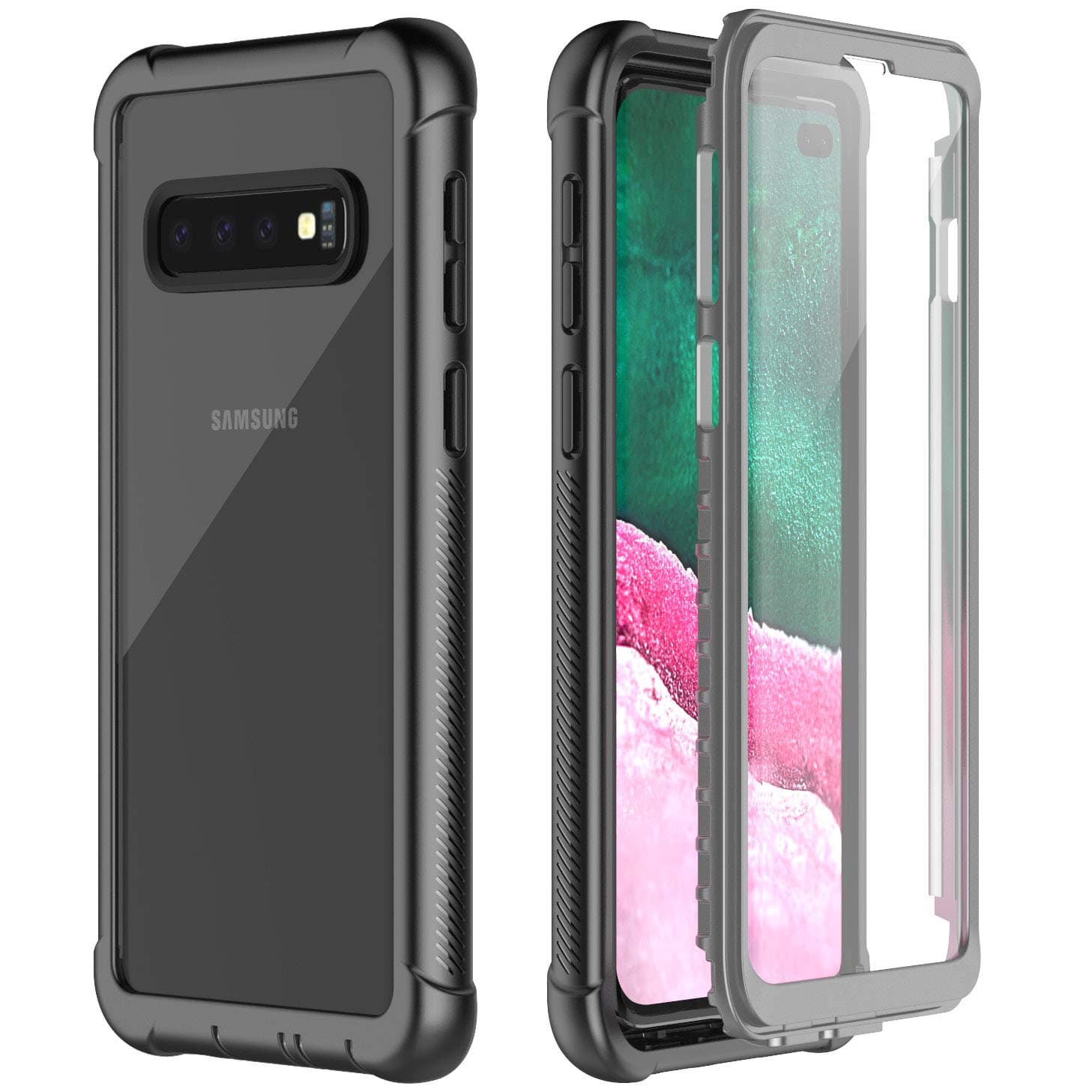 Pakoyi Clear Designed for Samsung Galaxy S10 Plus Case, Full Body Bumper Case with Built-in Screen Protector Shock-Absorbing Dustproof Slim Clear Cover Case for Samsung Galaxy S10 Plus -Black/Clear