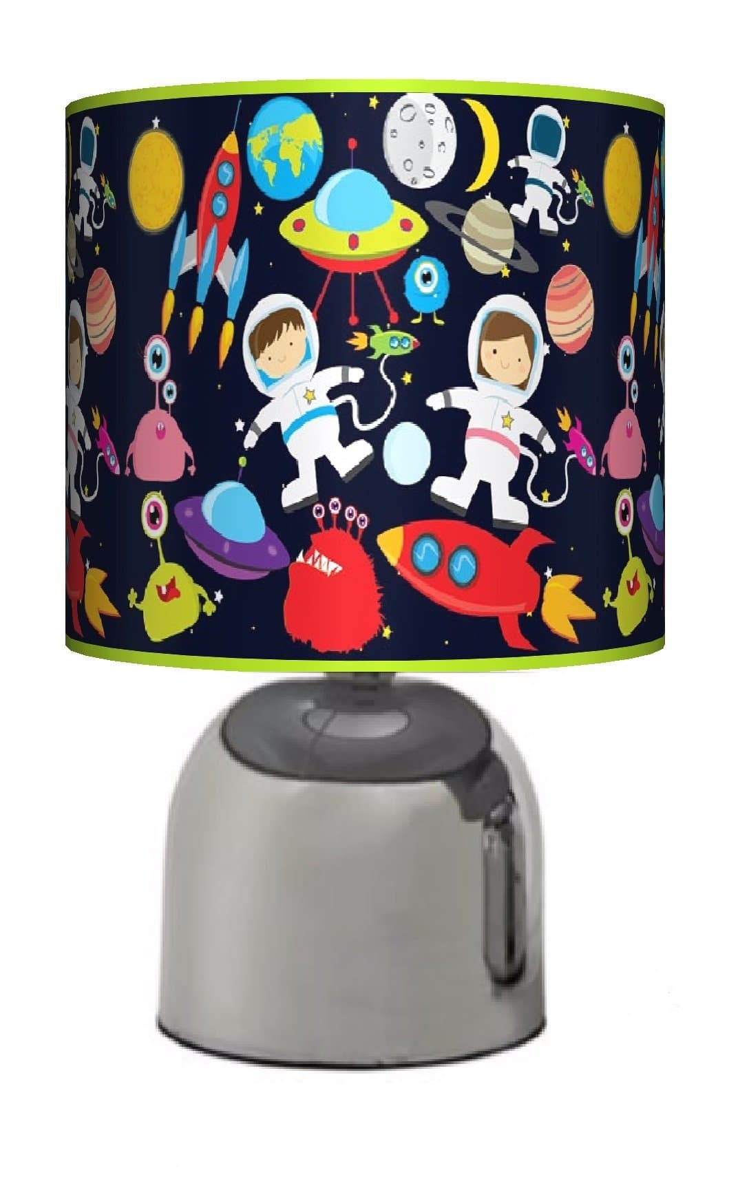 SPACE ROCKET - BEDSIDE TOUCH LAMP - BOYS BEDROOM LIGHT / LAMP SHADE - GREEN - MAINS OPERATED (UK PLUG)