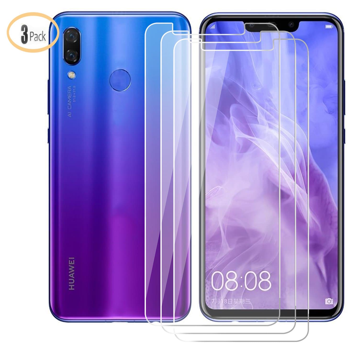 Huawei Nova 3 Screen Protector, [3-Pack] JIENI Anti-Fingerprint Anti-Scratch Tempered Glass Protective Film for Huawei Nova 3