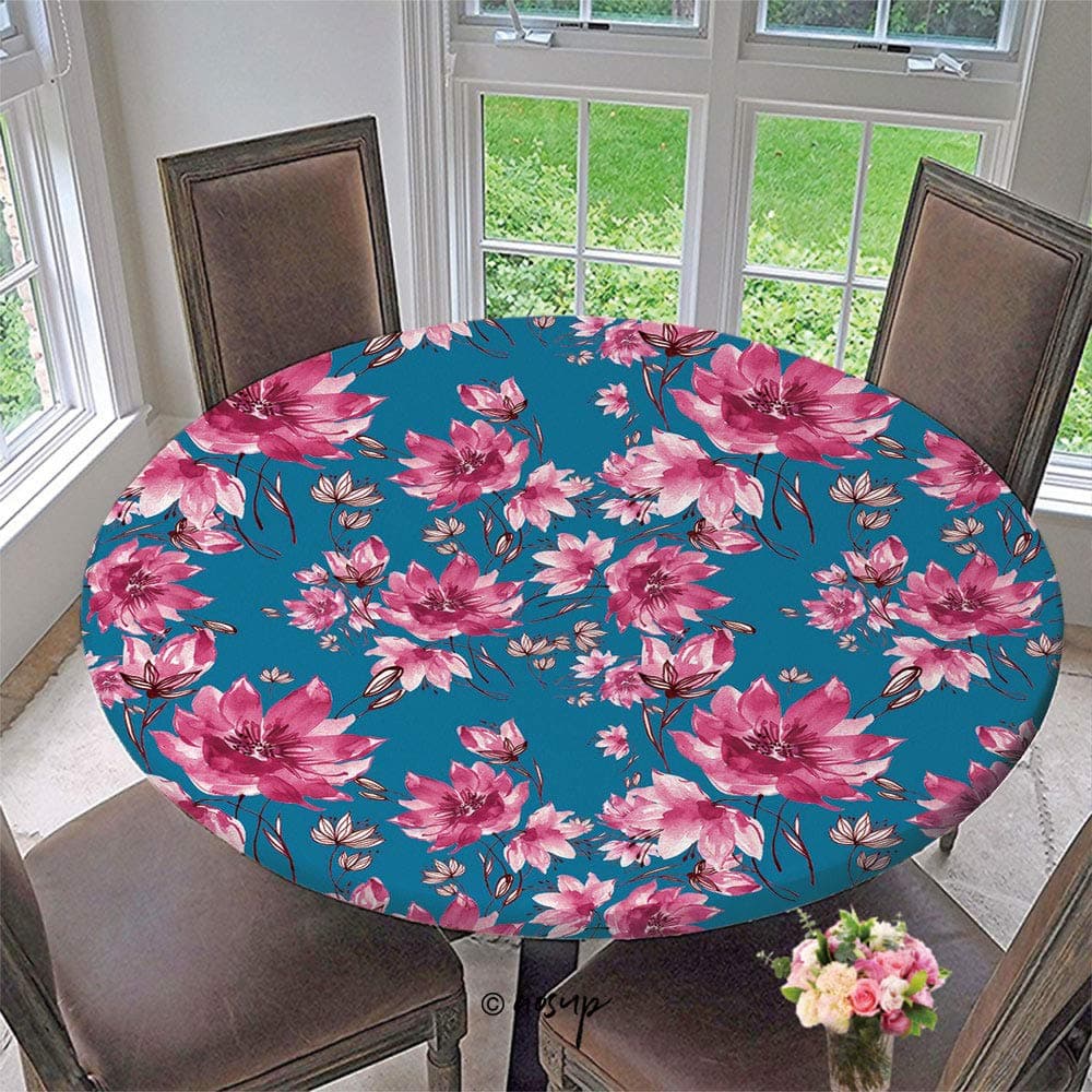 Homenon Elastic Edged Waterproof Table Cover Tablecloths Kitchen Decor, Fits for Round Tables - Watercolor On Paper Beautiful Spring Flowers