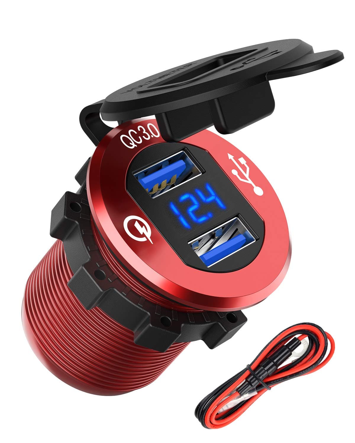 Quick Charge 3.0 USB Charger Socket, SunnyTrip Dual USB Car Power Outlet Waterproof Marine Cigarette Lighter Adapter 36W Fast Charge with LED Voltmeter for 12V/24V Boat Motorcycle ATV Bus Truck